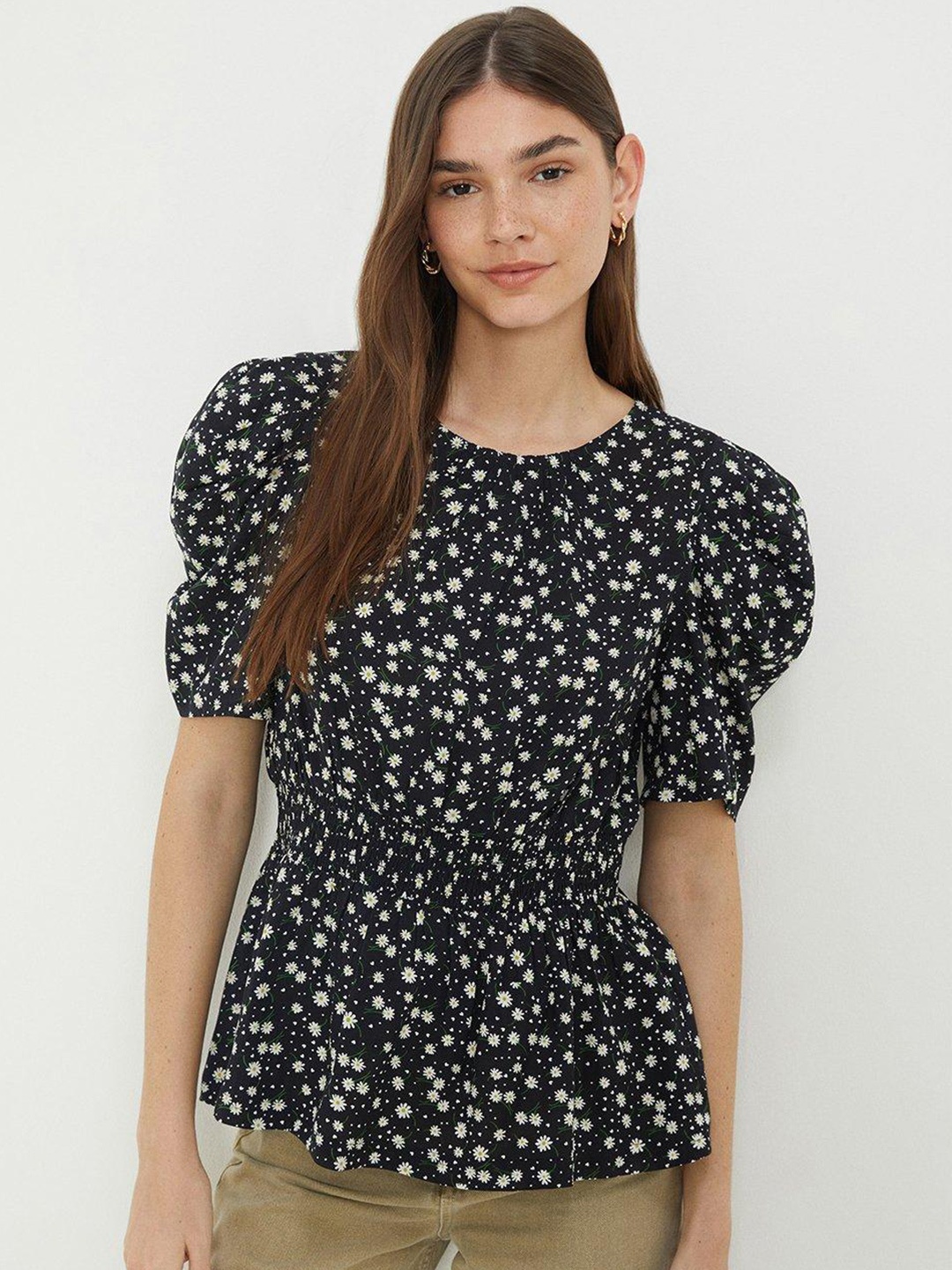 

DOROTHY PERKINS Floral Print Puff Sleeves Cinched Waist Top, Black