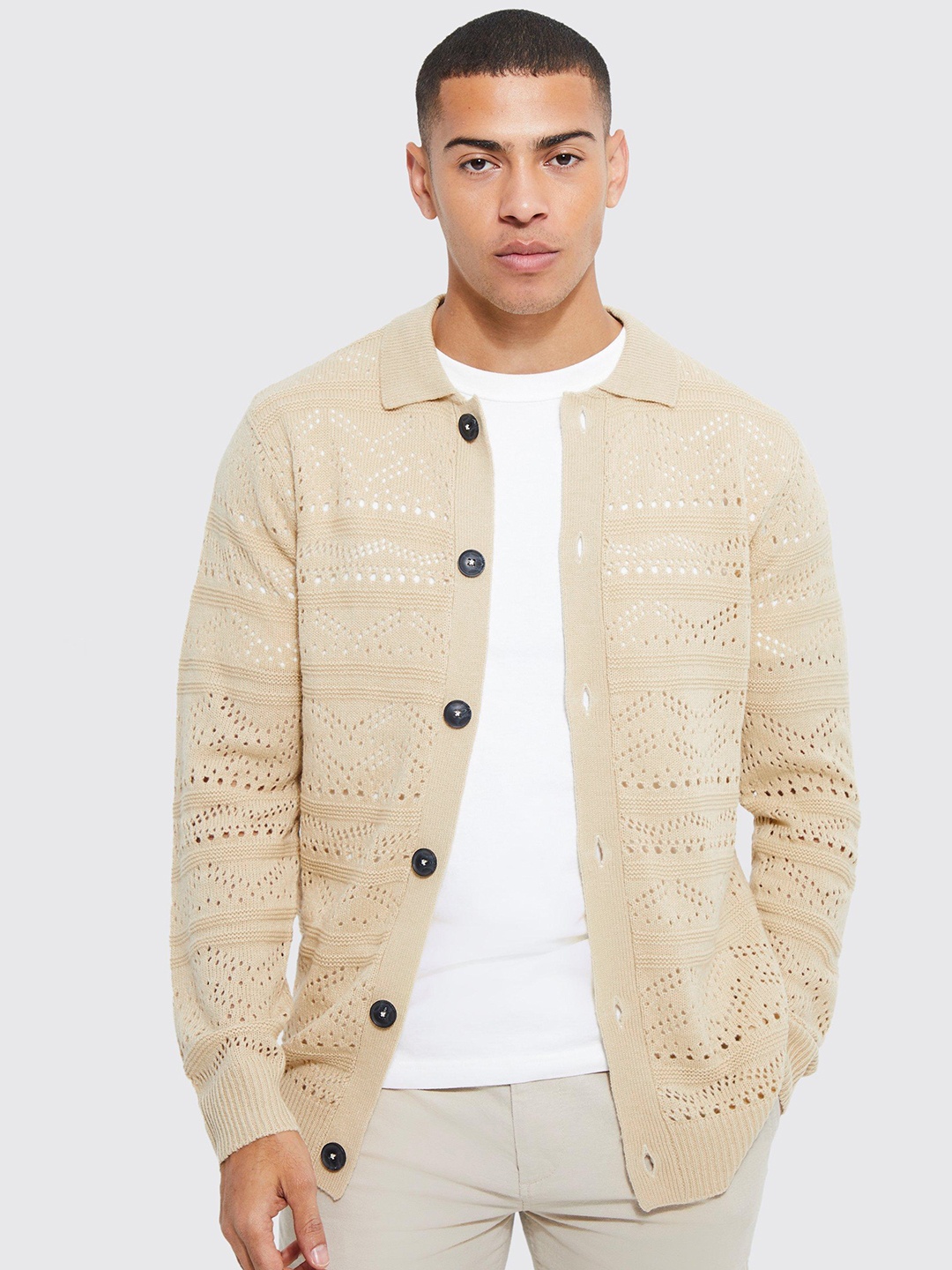 

boohooMAN Open Knit Casual Shirt, Beige