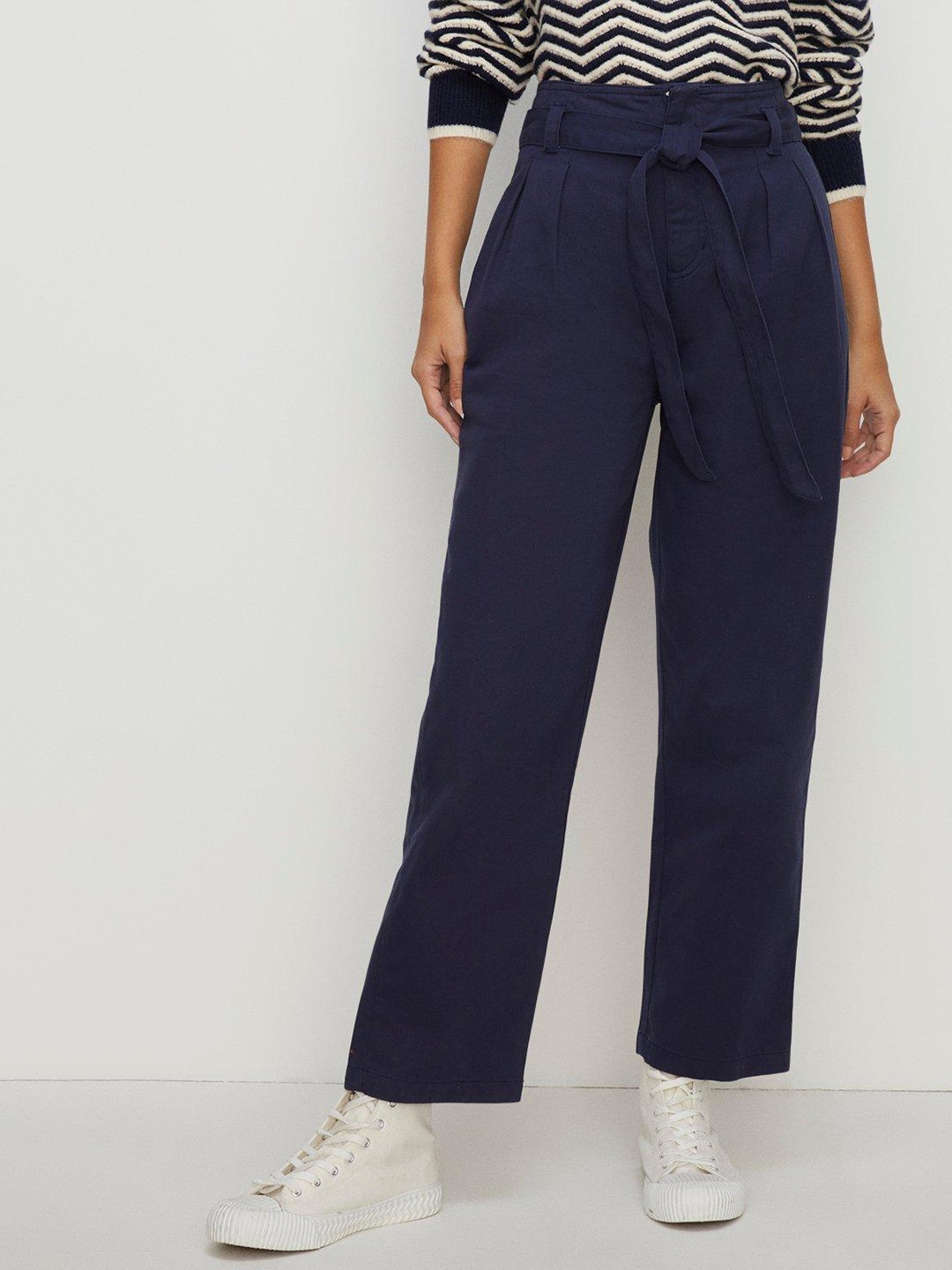 

OASIS Women Cotton Twill Tie Waist Peg Trouser, Navy blue