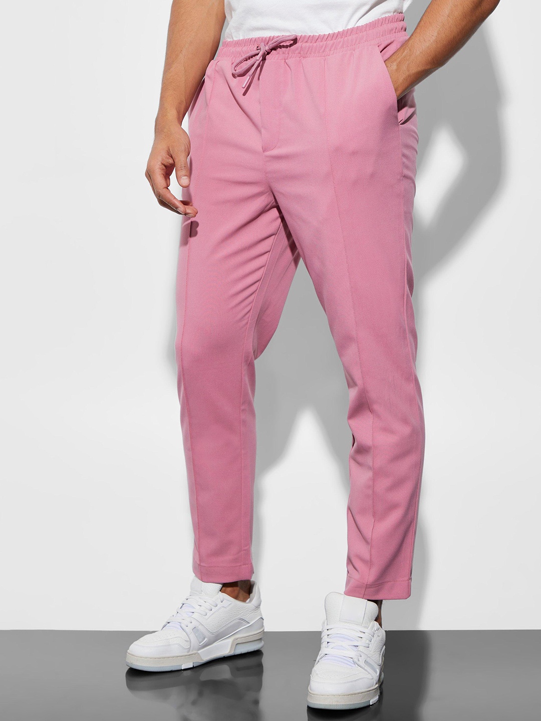 

boohooMAN Tapered Pintuck Trousers, Pink