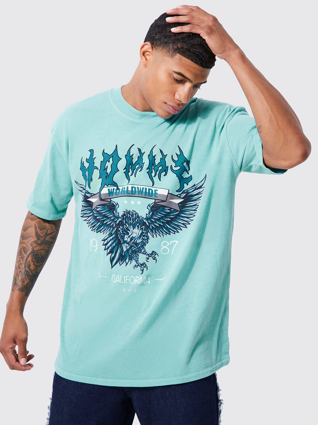 

boohooMAN Printed Drop-Shoulder Sleeves Pure Cotton Oversized T-shirt, Blue