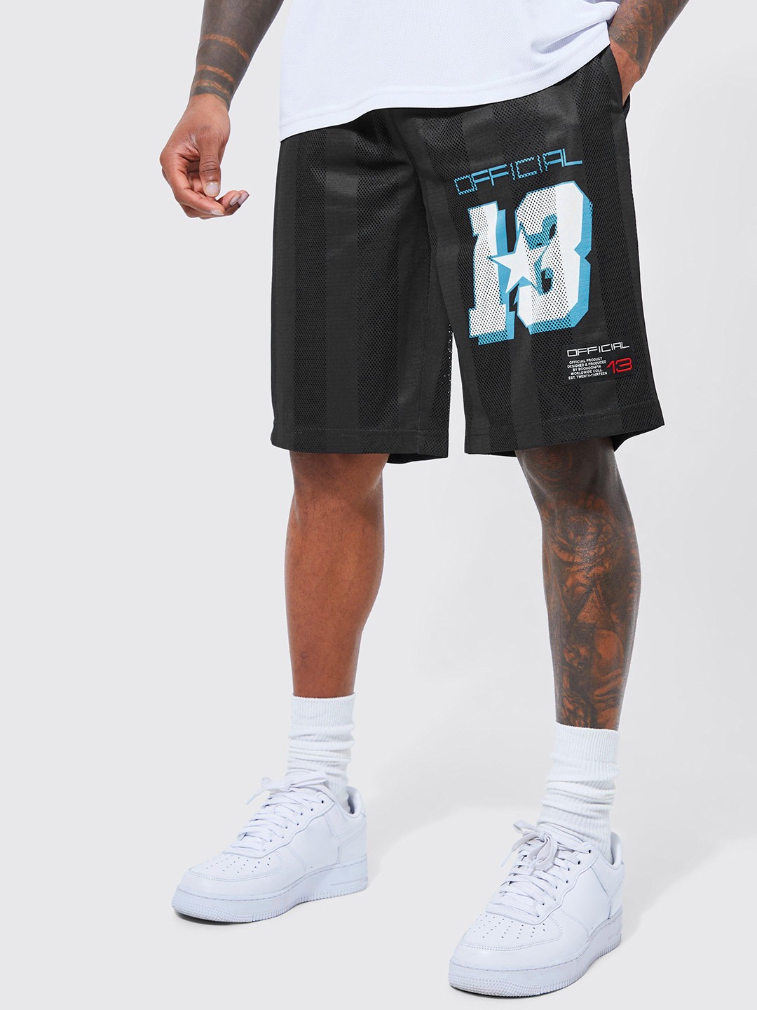 

boohooMAN Self-Striped Basketball Shorts with Printed Detail, Navy blue