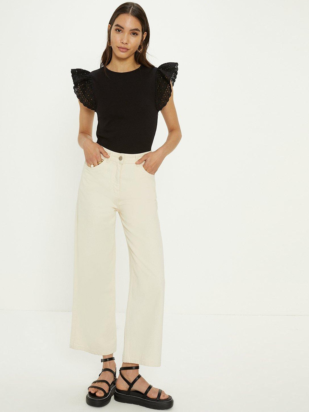 

OASIS Frilled Sleeves Ribbed Cotton Top, Black