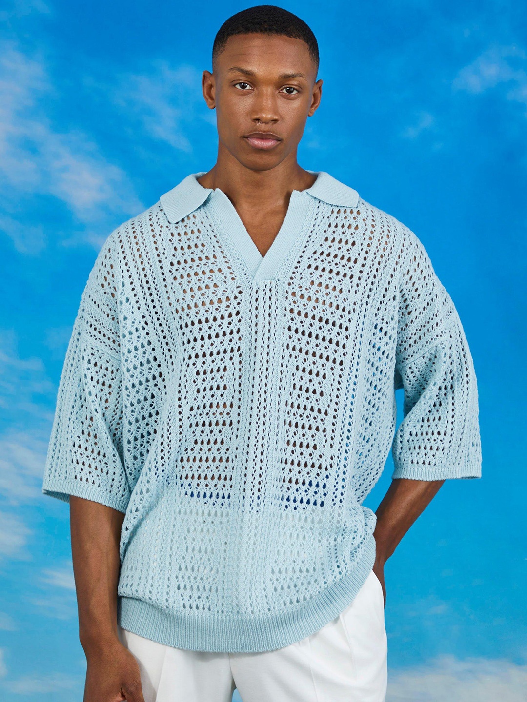 

boohooMAN Open Knit Oversized T-shirt, Blue