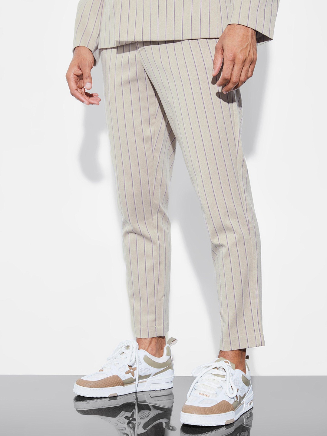 

boohooMAN Striped Slim Fit Pleated Cropped Trousers, Beige
