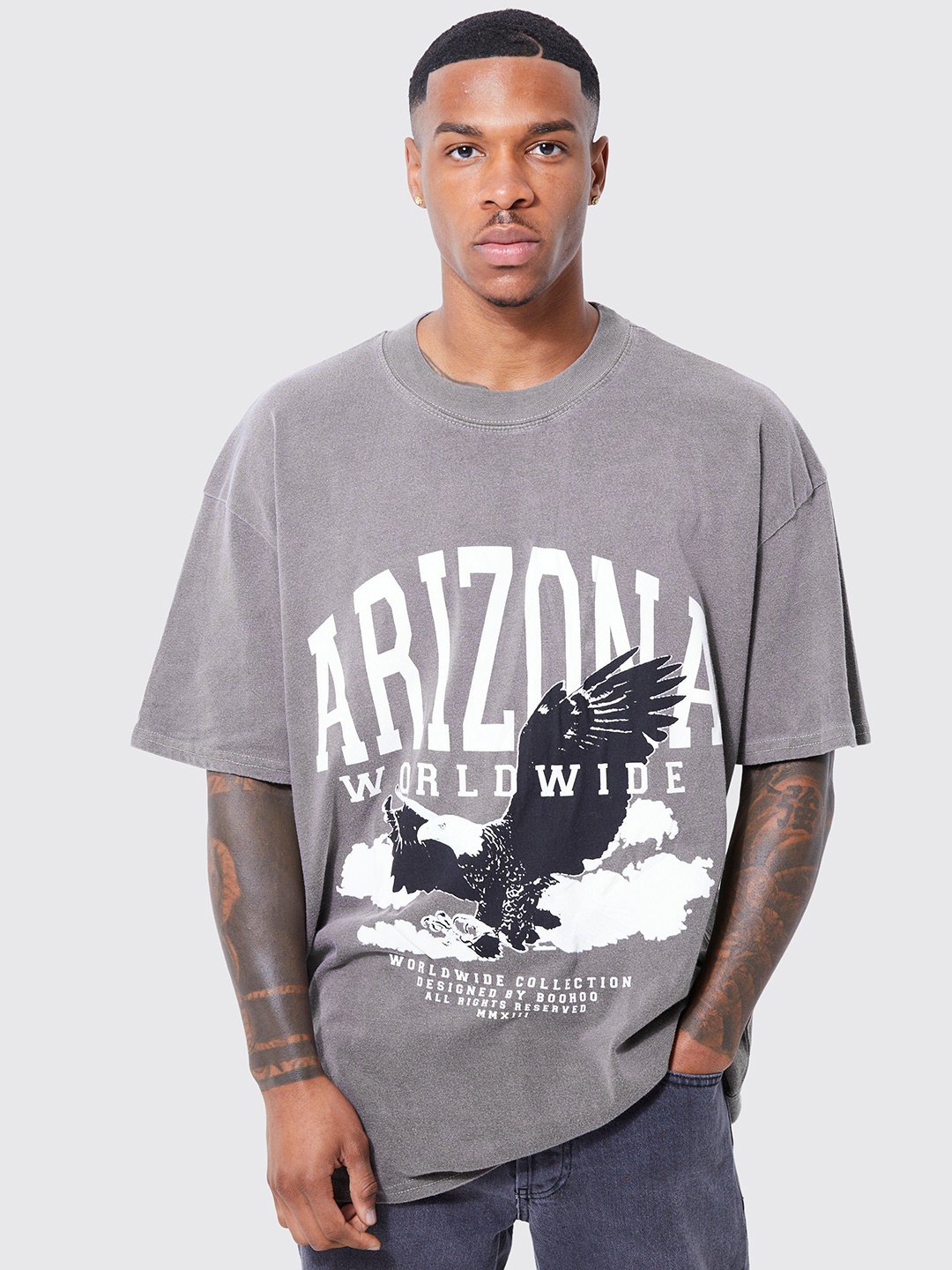 

boohooMAN Typography Printed Pure Cotton Oversized T-shirt, Brown