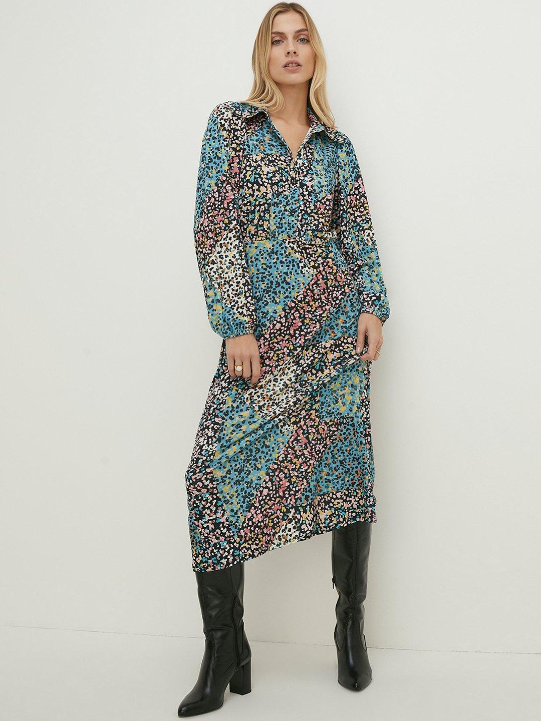 

OASIS Animal Print Shirt Midi Dress, Black