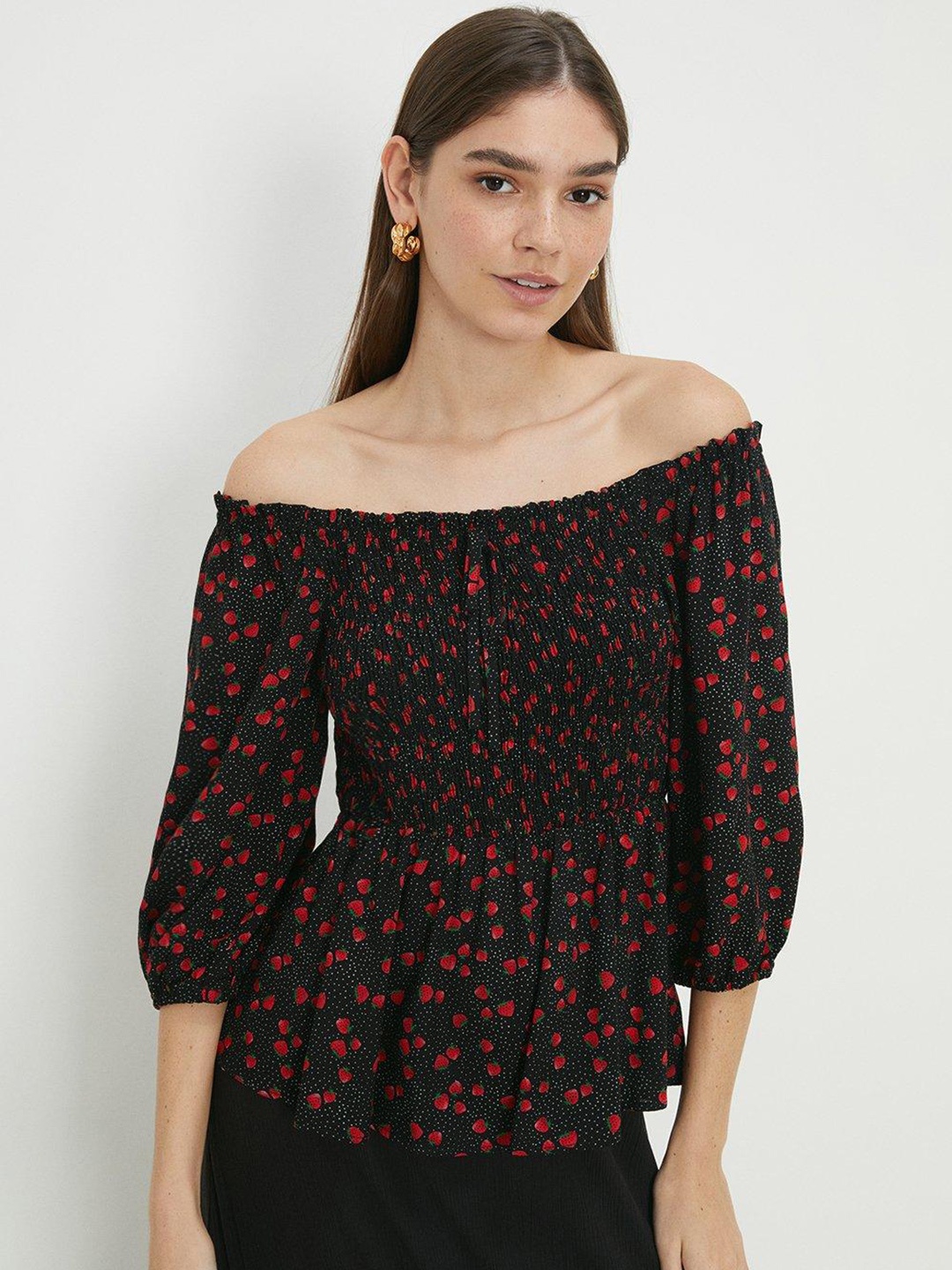 

DOROTHY PERKINS Strawberry Print Off-Shoulder Smocked Cinched Waist Top, Black