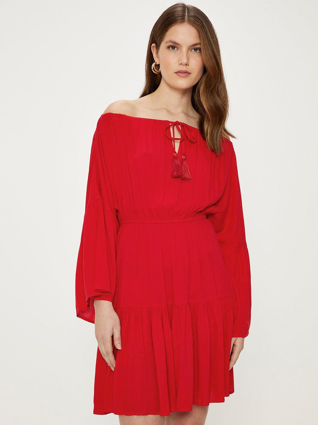 

OASIS Bell Sleeve Crinkle Bardot A-Line Dress, Red