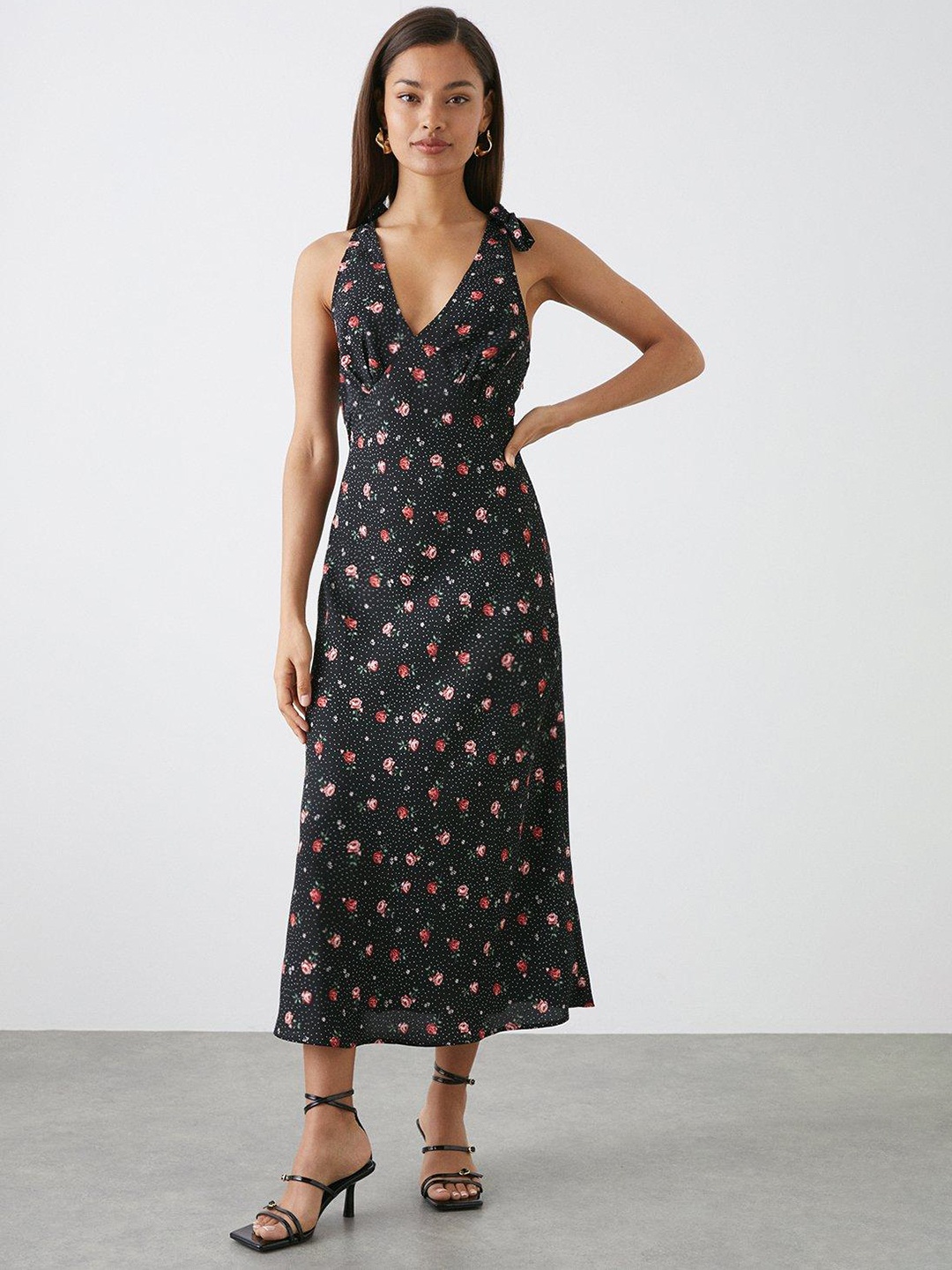 

DOROTHY PERKINS Petite Floral Print Tie-Up Straps Empire Midi Dress, Black