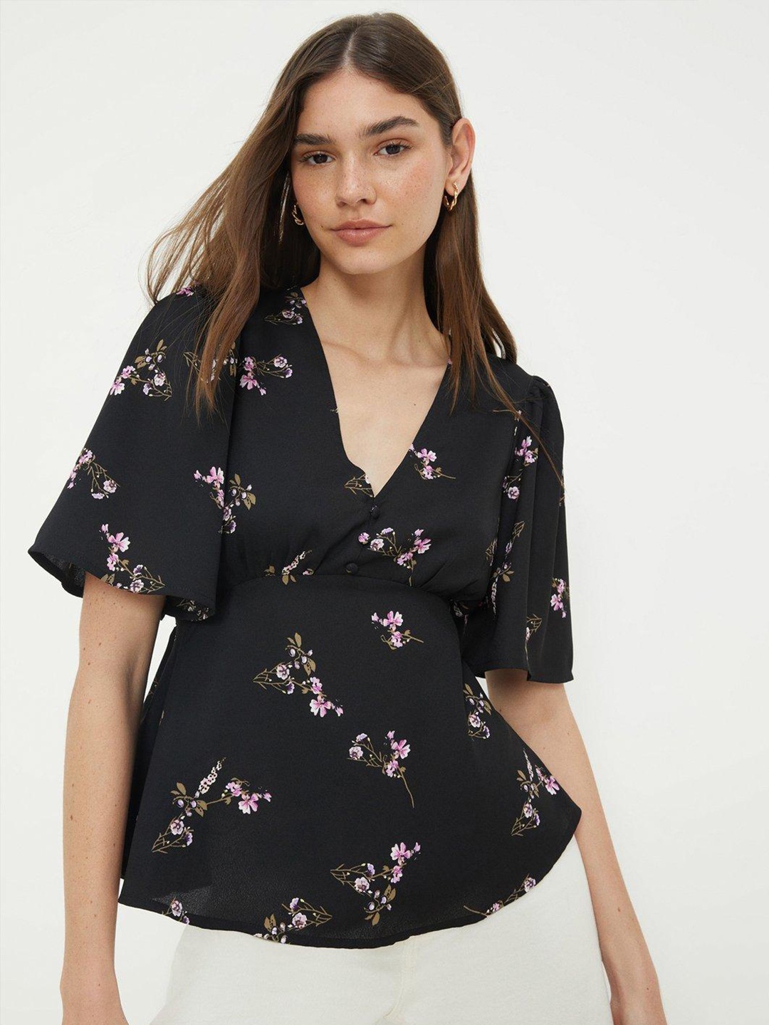 

DOROTHY PERKINS Floral Print Flutter Sleeve Empire Top, Black