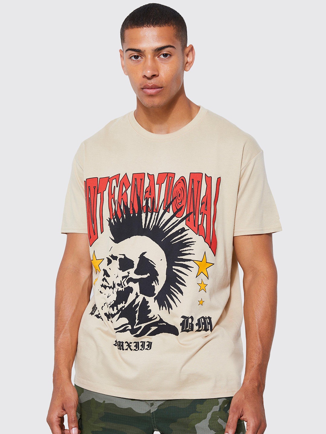 

boohooMAN Graphic Printed Pure Cotton Oversized T-shirt, Beige