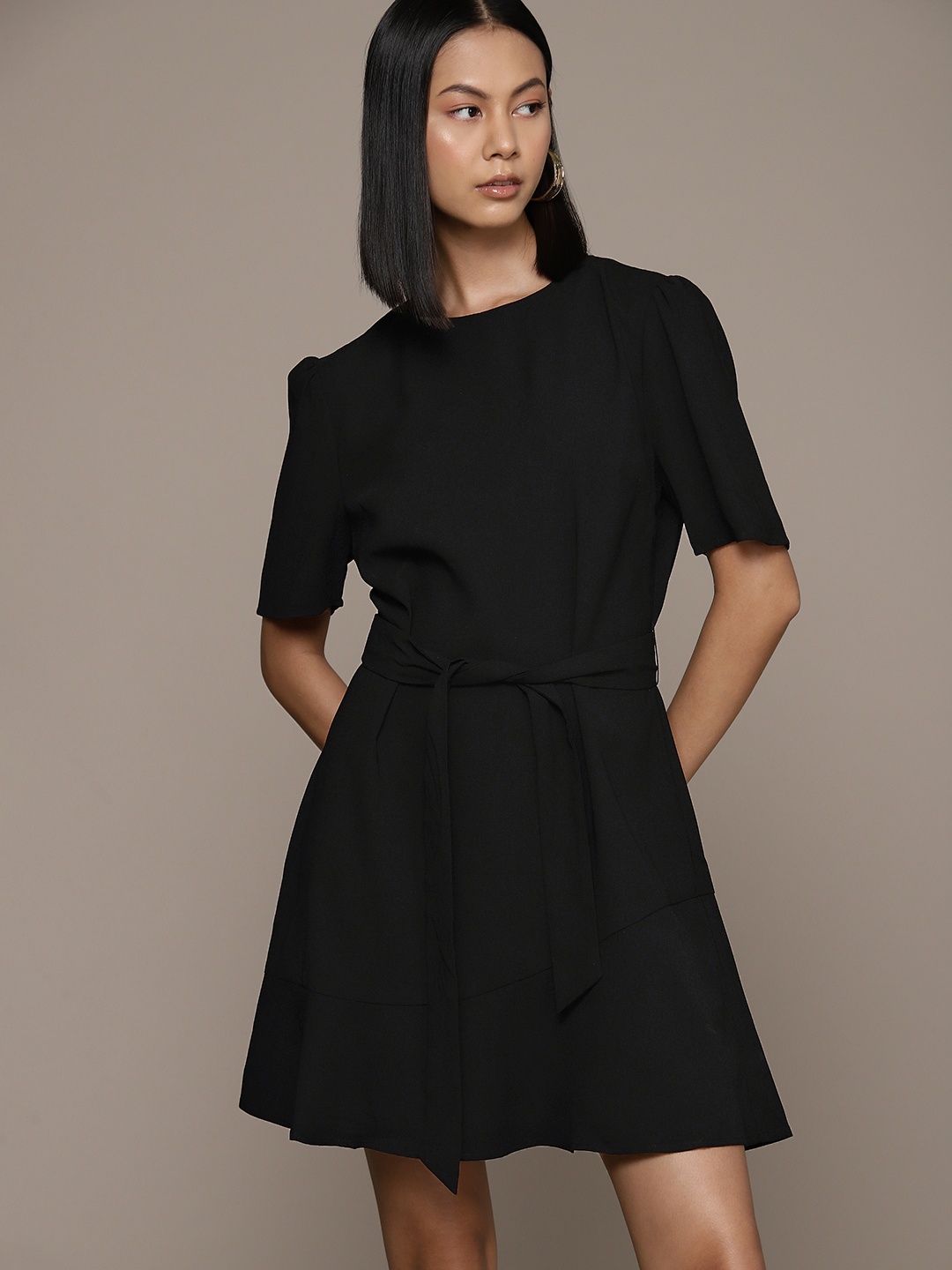 

WAREHOUSE Puff Sleeve A-Line Dress, Black