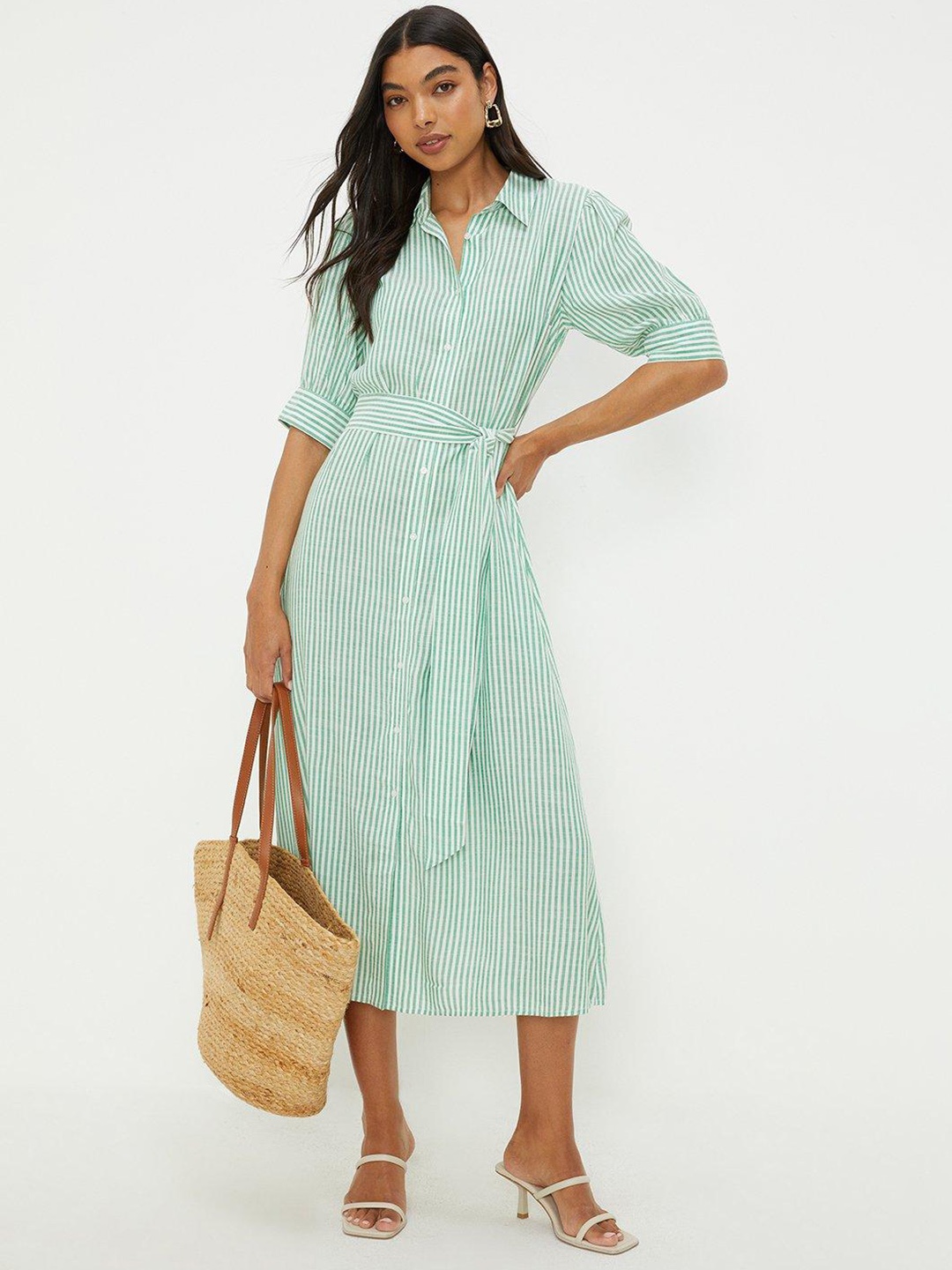

DOROTHY PERKINS Striped Pure Cotton Shirt Midi Dress with Belt, Green
