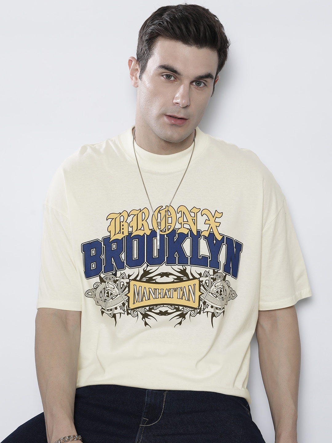 

boohooMAN Typography Print Oversized Pure Cotton T-shirt, Cream