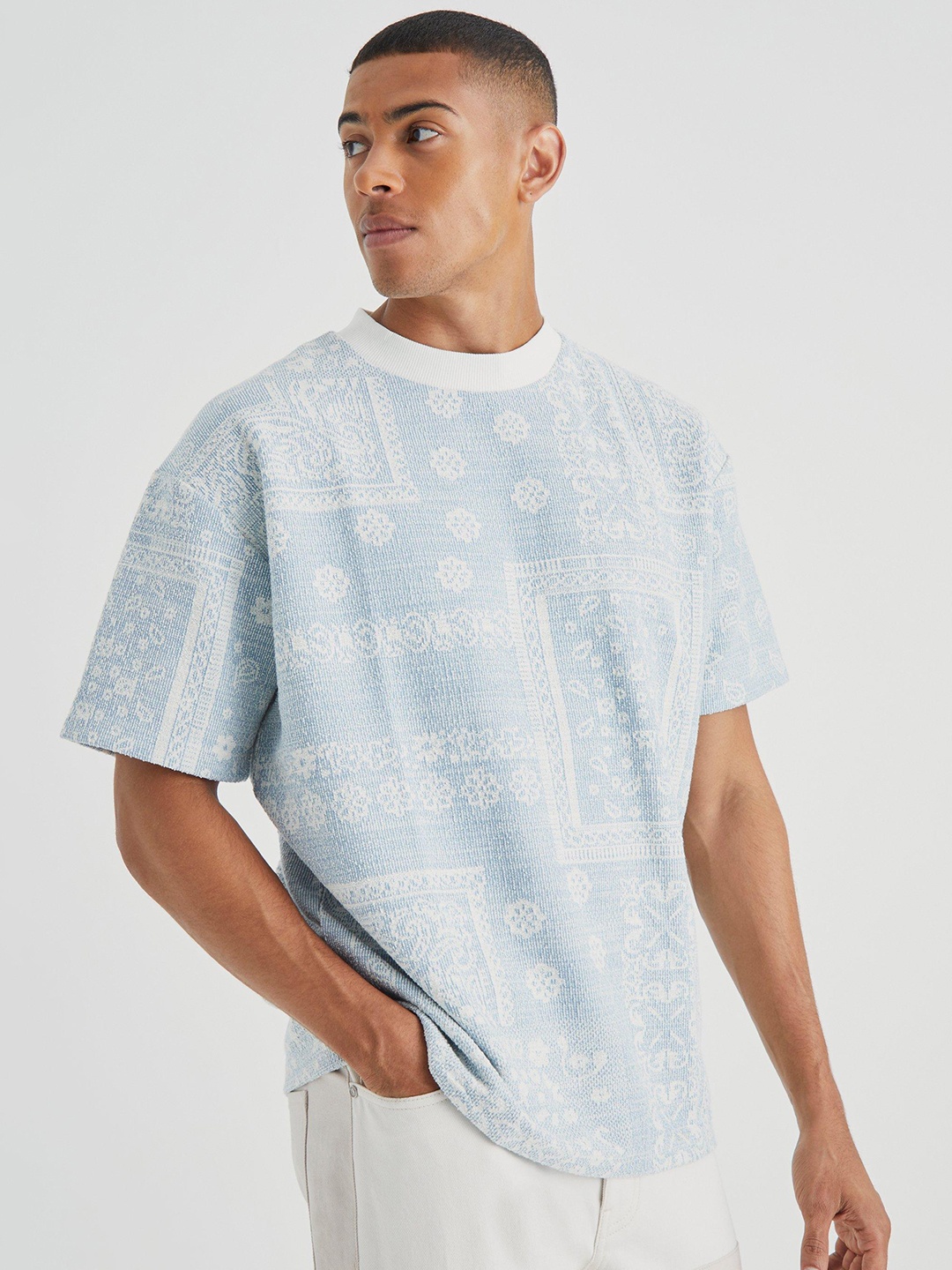 

boohooMAN Abstract Printed Jacquard Pure Cotton Oversized T-shirt, Blue
