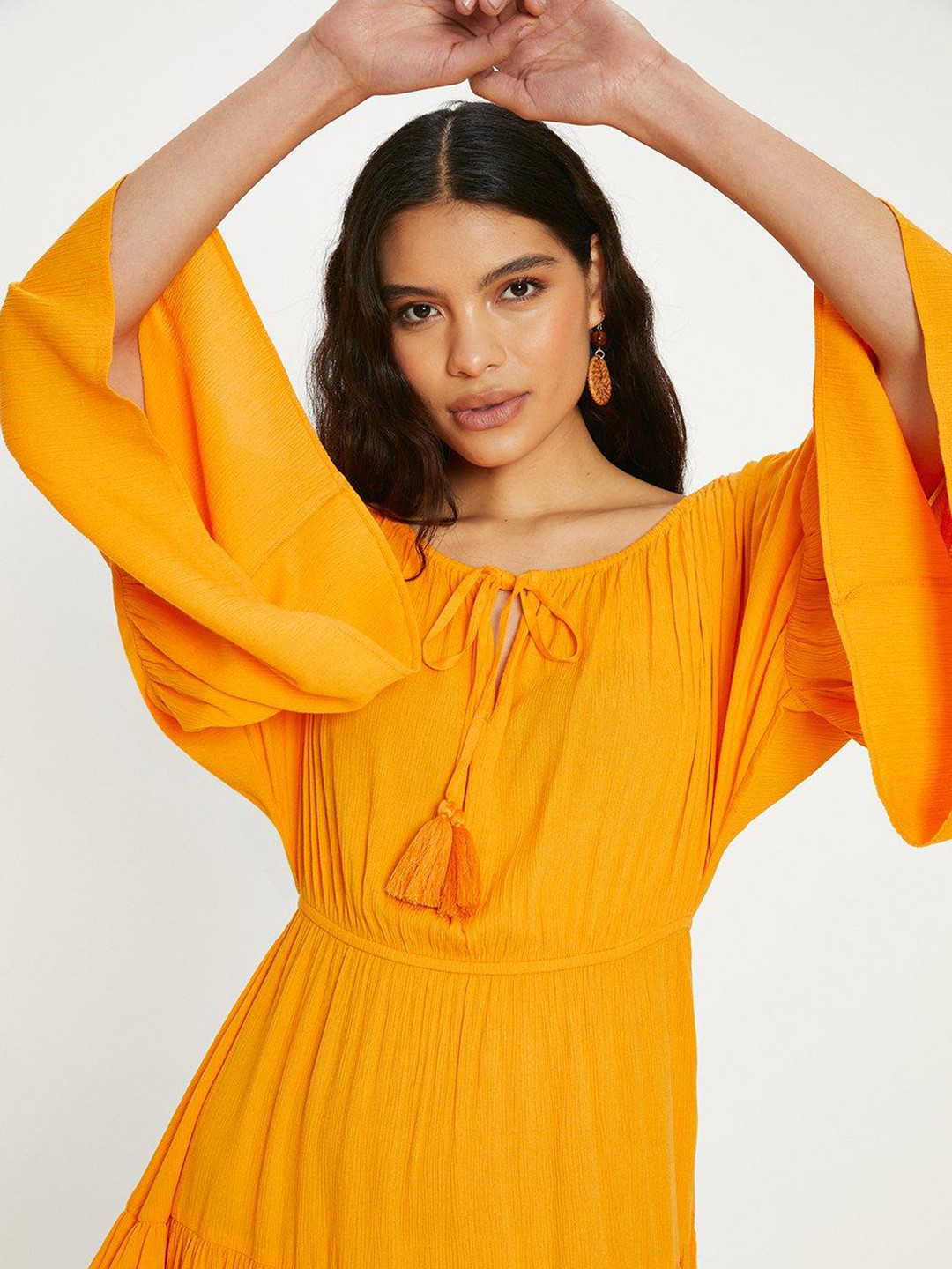 

OASIS Tie-Up Neck Bell Sleeve A-Line Dress, Orange