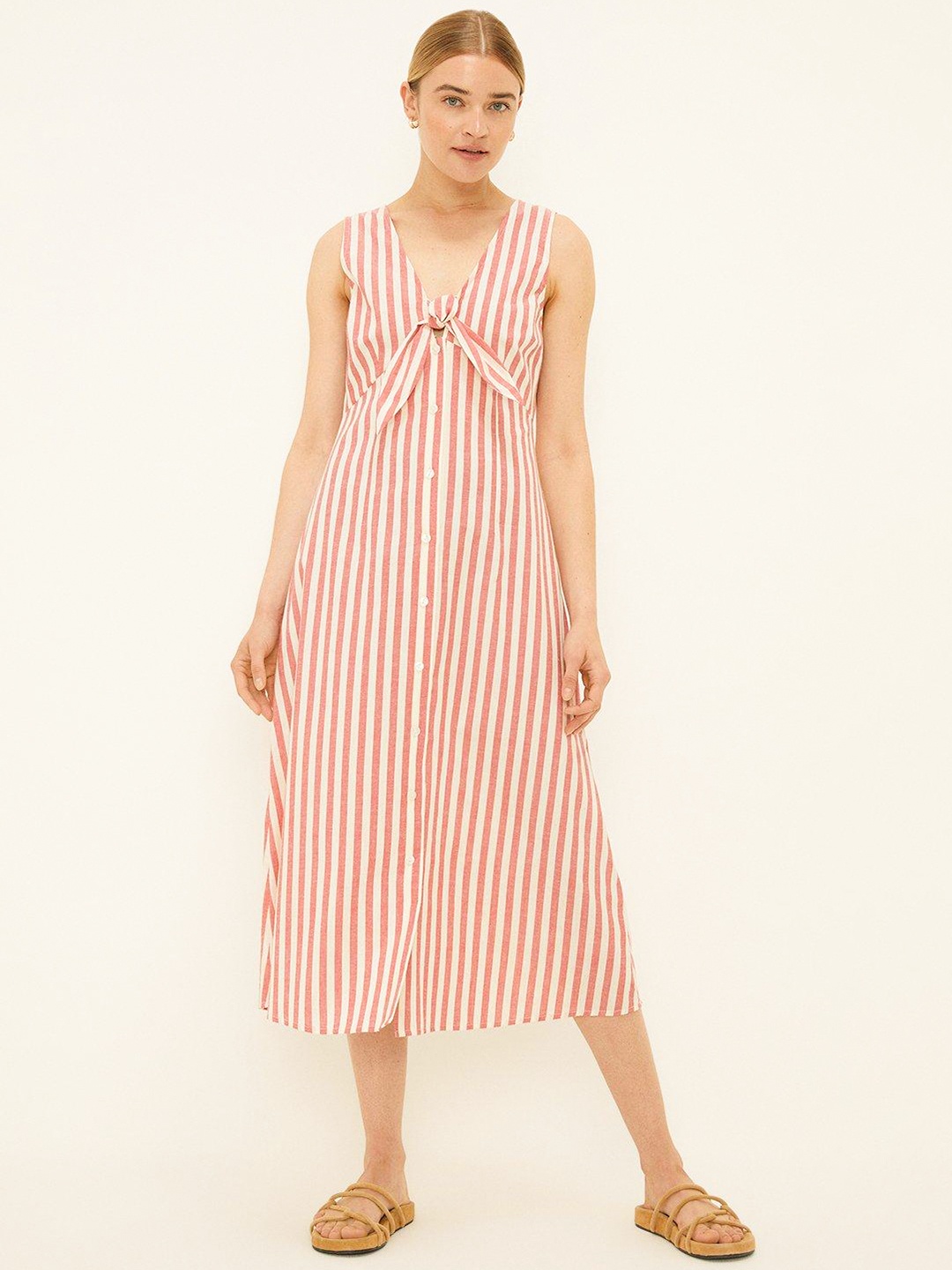 

DOROTHY PERKINS Striped Button Front Tie-Up A-Line Midi Dress, Red