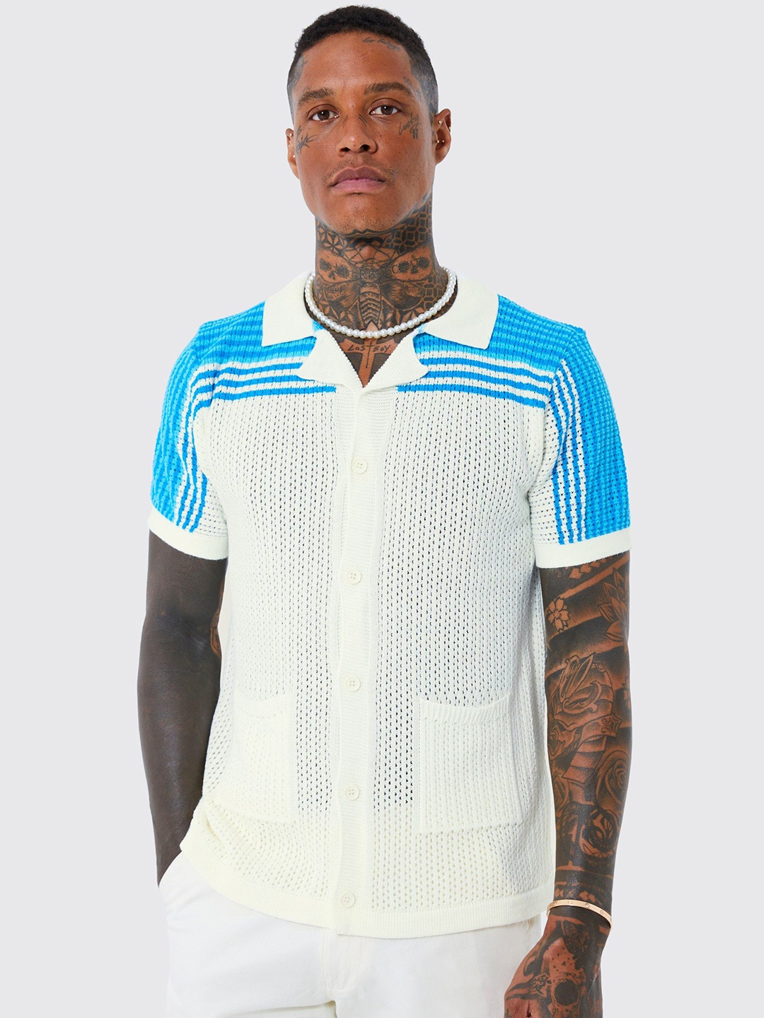 

boohooMAN Knitted Striped Acrylic Crochet Shirt, White