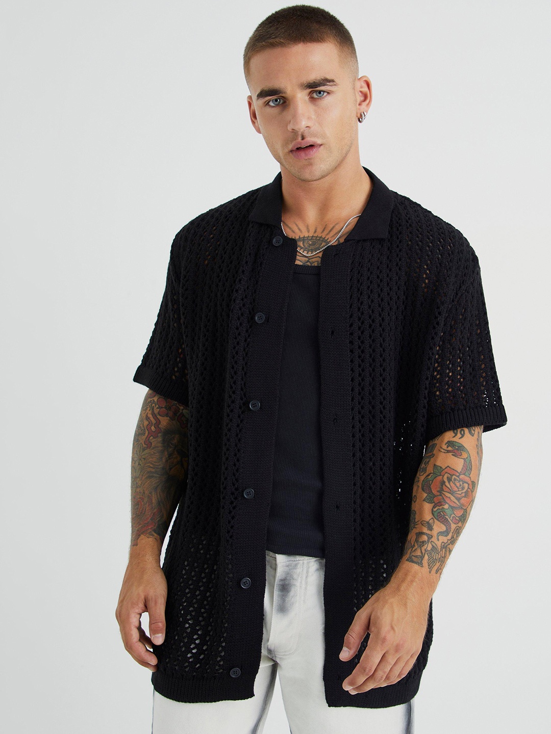 

boohooMAN Open Knit Casual Shirt, Black