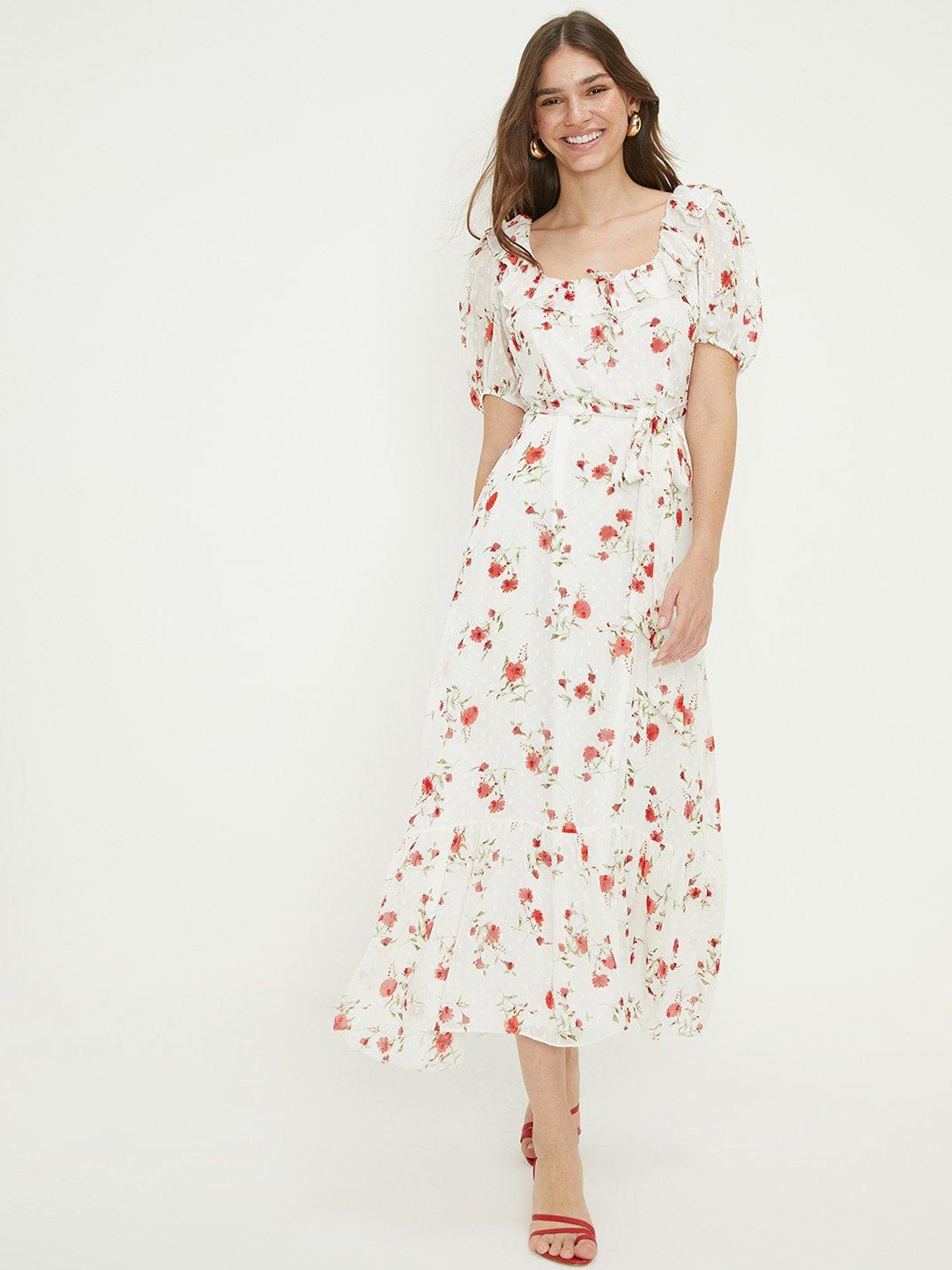 

DOROTHY PERKINS Floral Print Ruffled A-Line Midi Dress, White