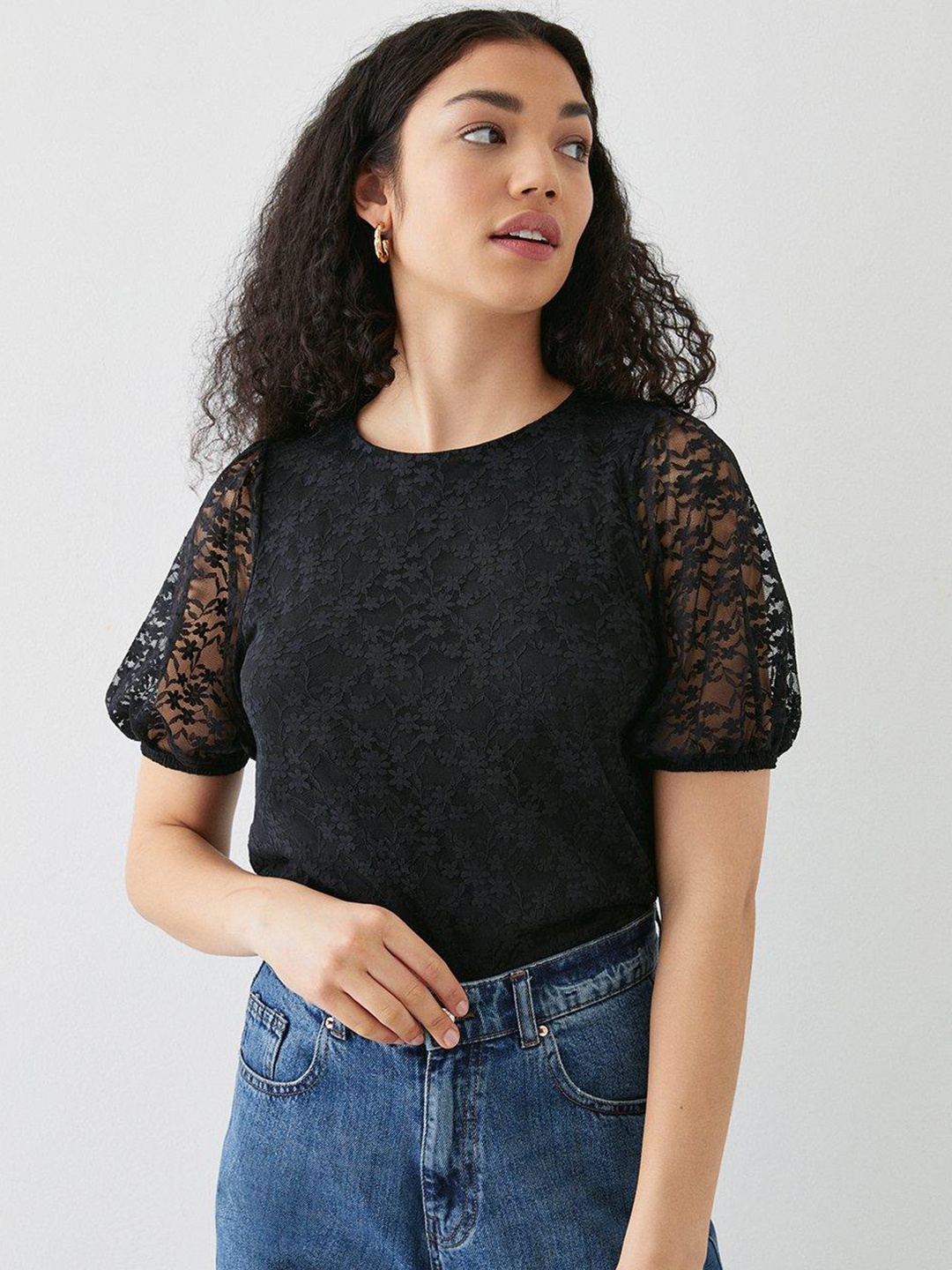 

DOROTHY PERKINS Lace Insert Puff Sleeve Top, Black
