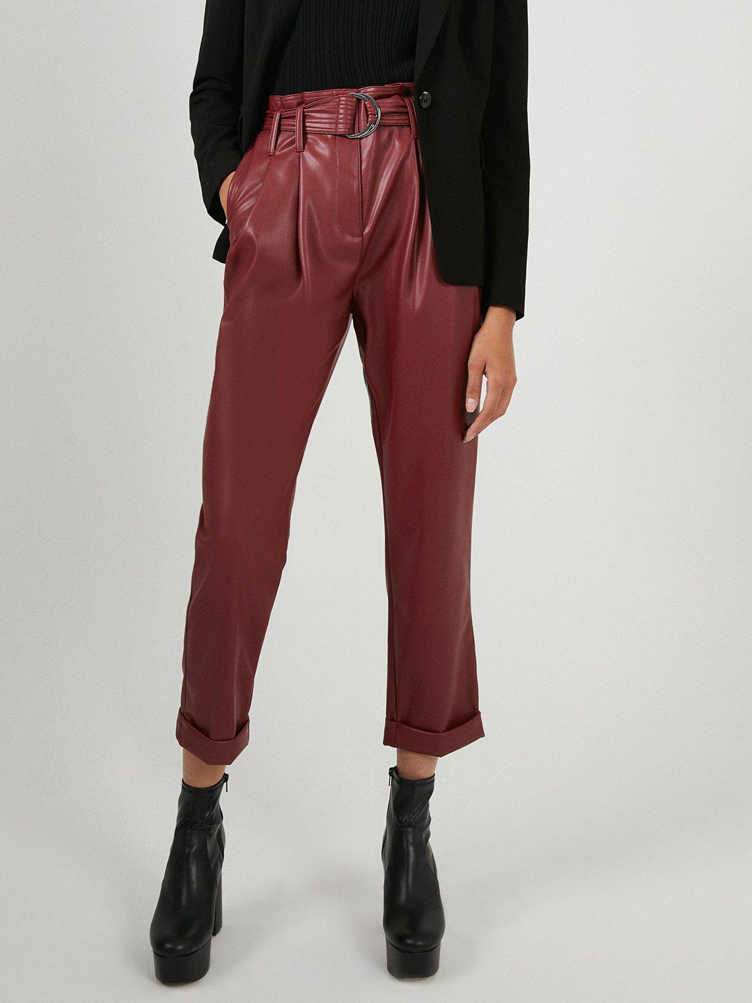 

WAREHOUSE Women Belted Faux Leather Peg Trousers, Maroon