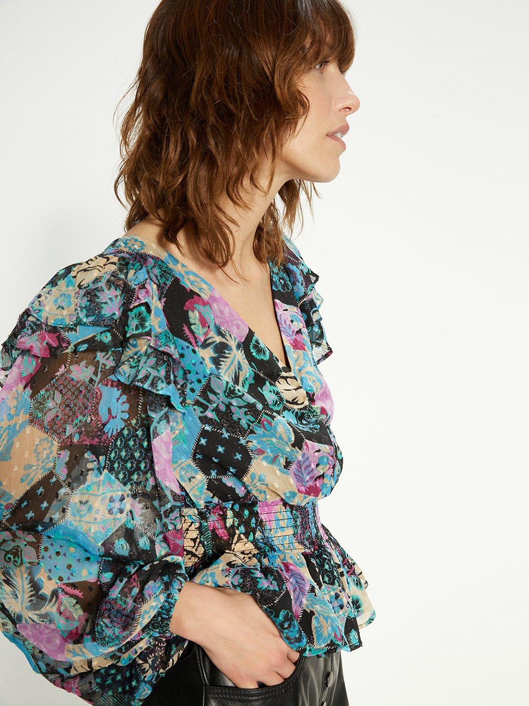 

OASIS Floral Print Ruched Detail Dobby Woven Cinched Waist Top, Blue