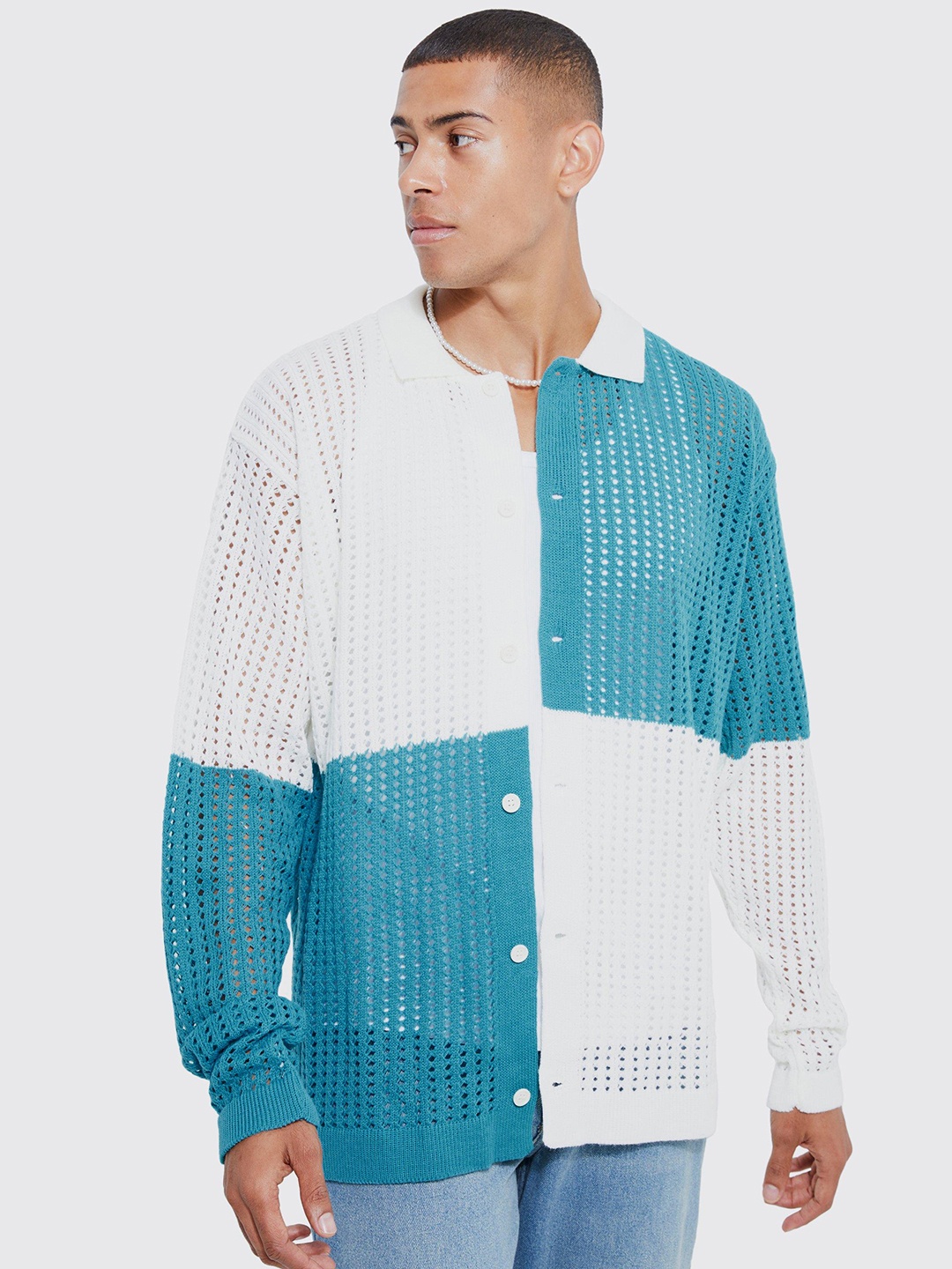 

boohooMAN Semi Sheer Colourblocked Oversized Crochet Casual Shirt, White