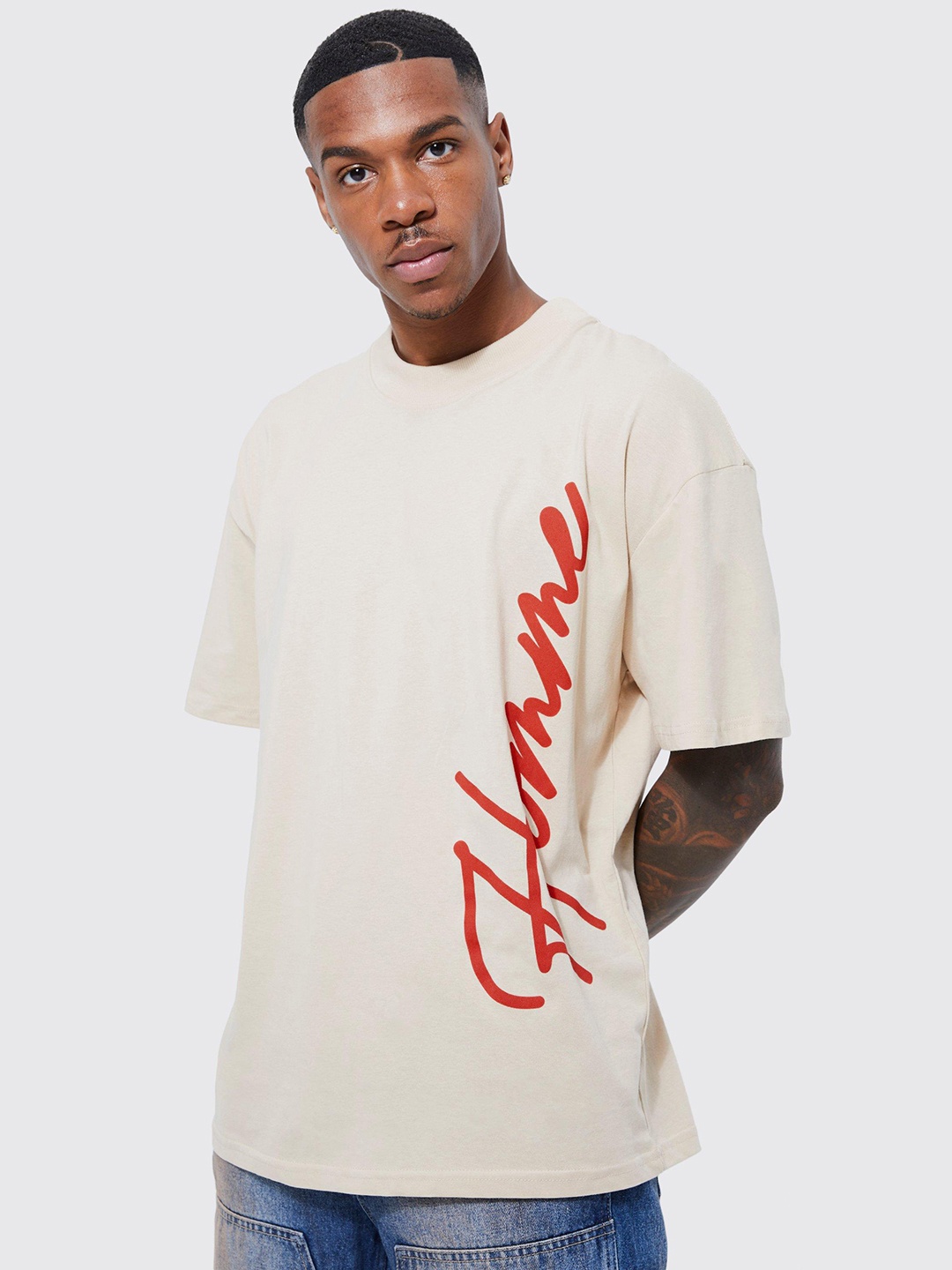 

boohooMAN Pure Cotton Oversized Drop-Shoulder T-shirt, Beige