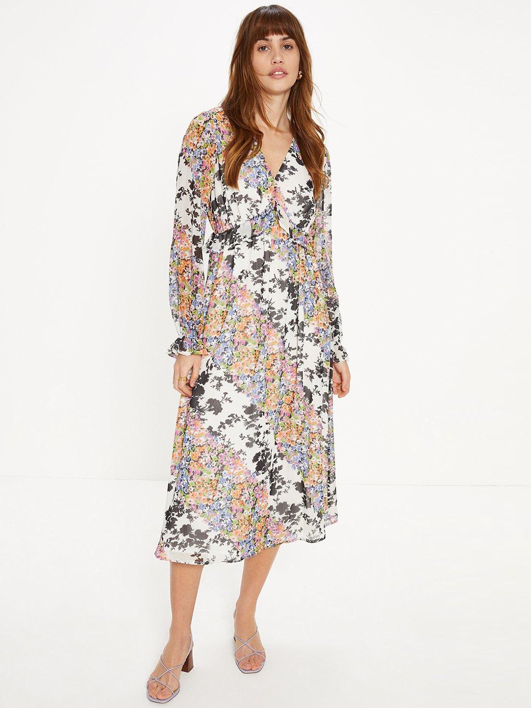 

OASIS Floral Print Ruffled Empire Midi Dress, White