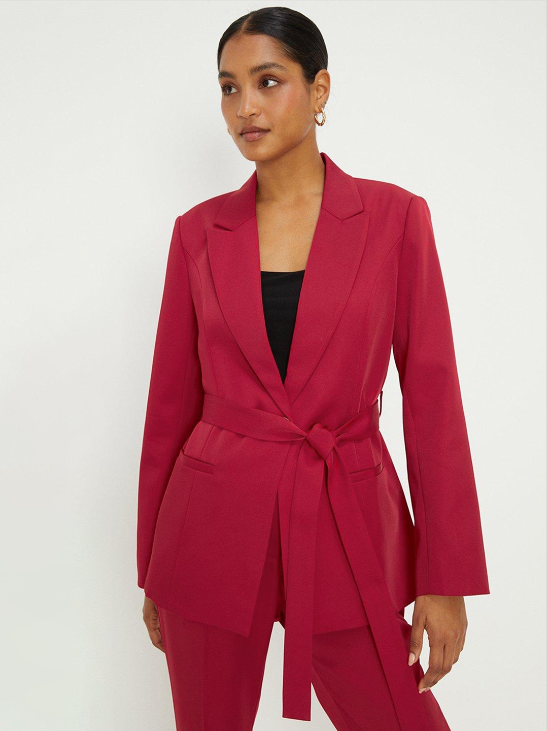 

DOROTHY PERKINS Solid Single-Breasted Blazer with Belt, Red