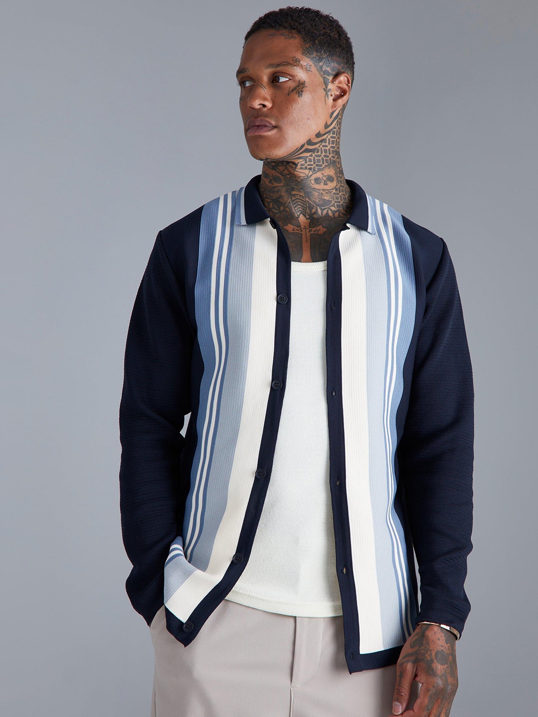 

boohooMAN Striped Casual Shirt, Blue