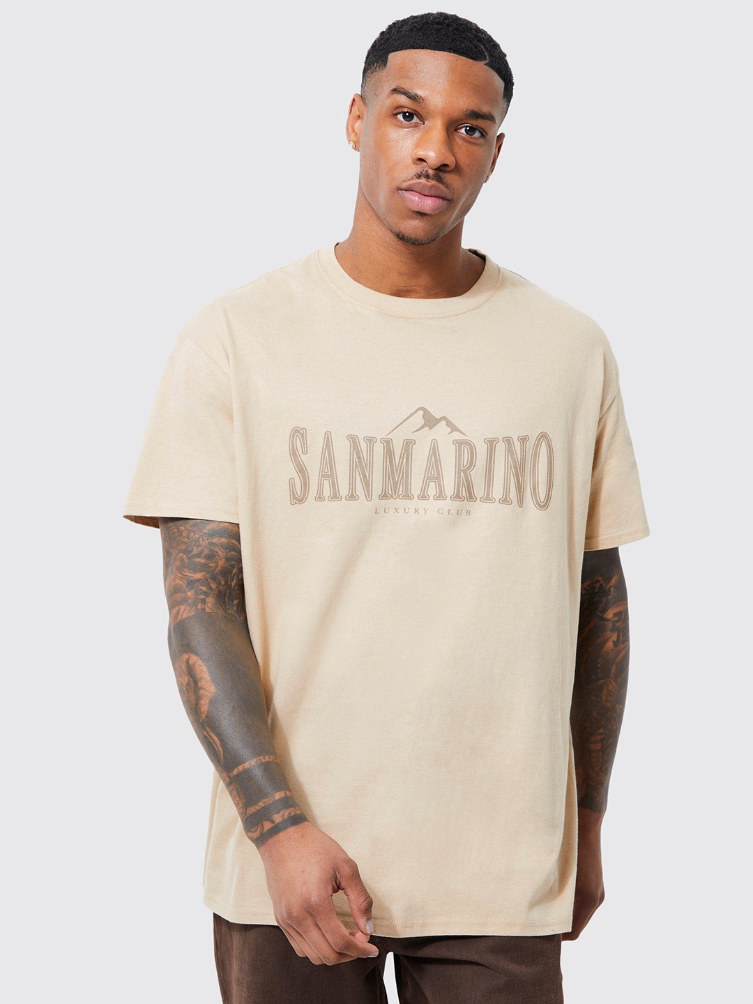 

boohooMAN Typography Printed Pure Cotton Oversized T-shirt, Beige