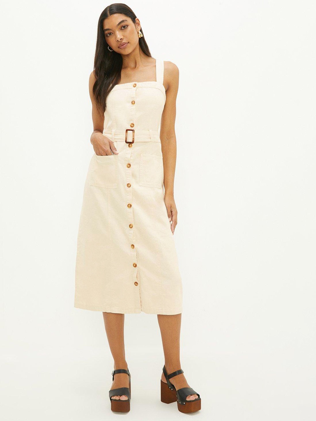 

DOROTHY PERKINS Pure Cotton Square Neck Midi Dress with Belt, Off white