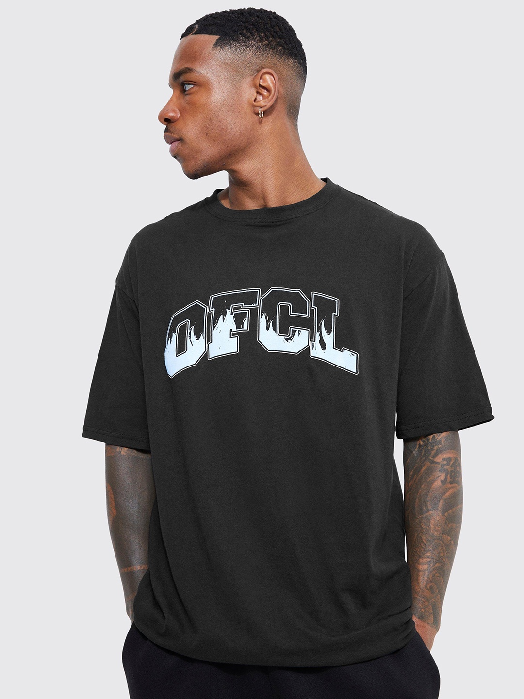 

boohooMAN Printed Pure Cotton Oversized T-shirt, Black