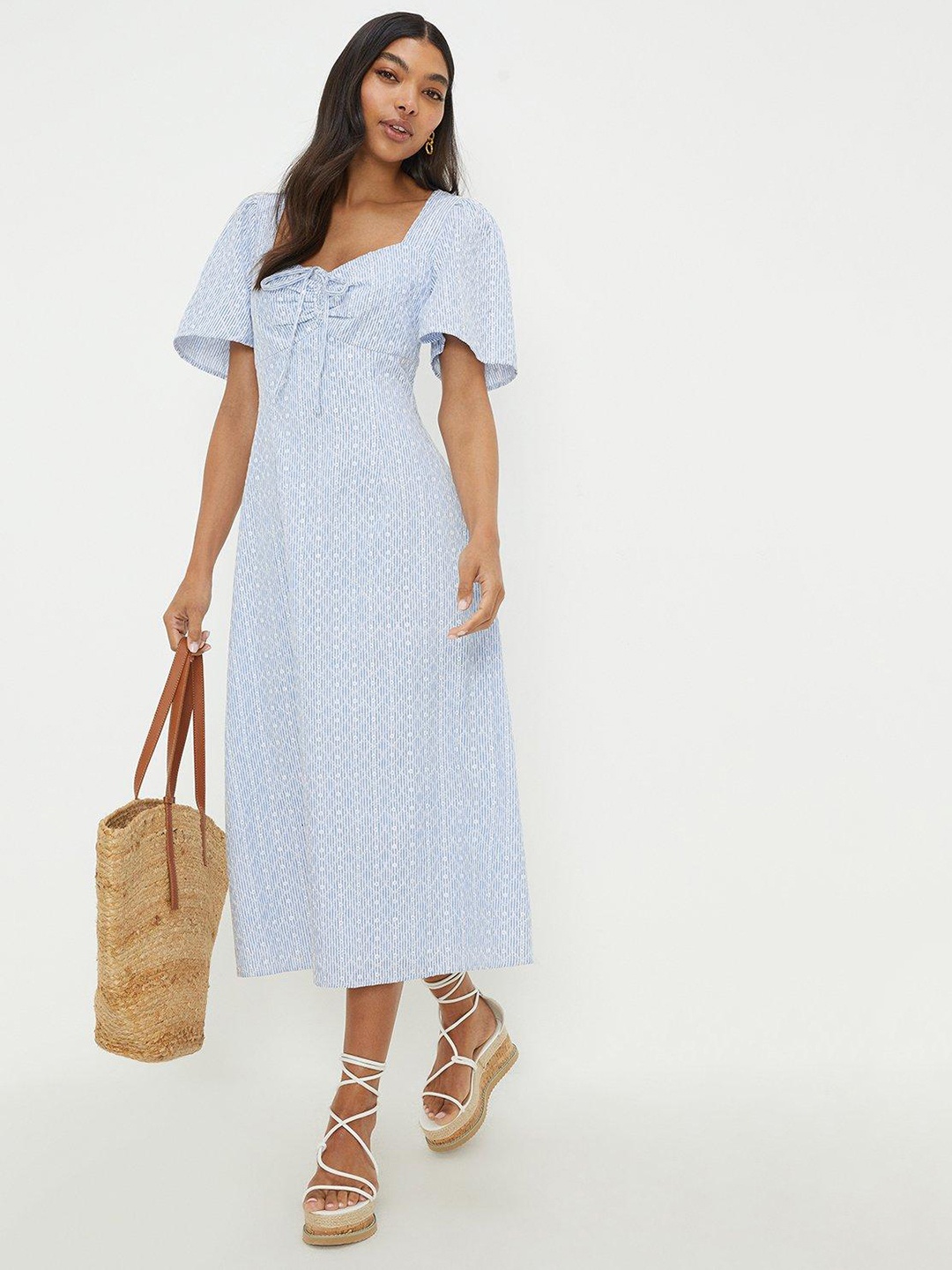 

DOROTHY PERKINS Striped Embroidered A-Line Midi Dress, Blue