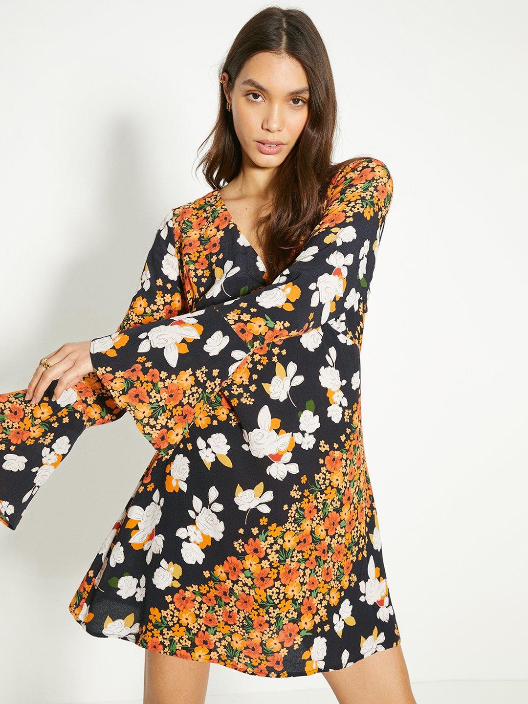 

OASIS Floral Print Bell Sleeve A-Line Dress, Black