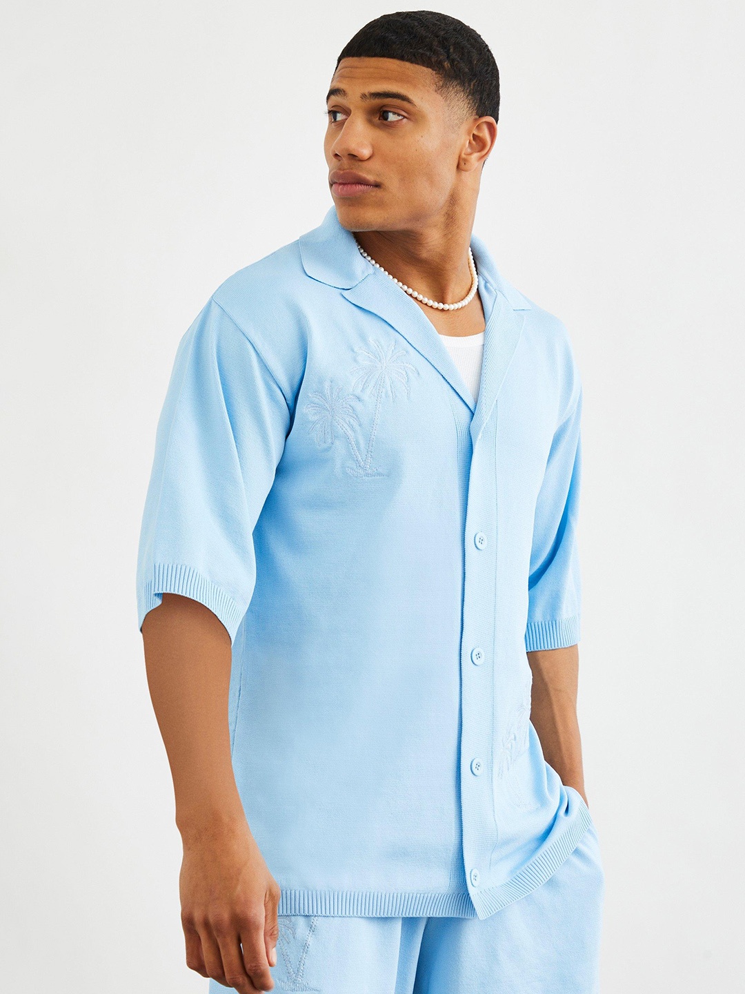 

boohooMAN Oversized Palm Knitted Shirt, Blue