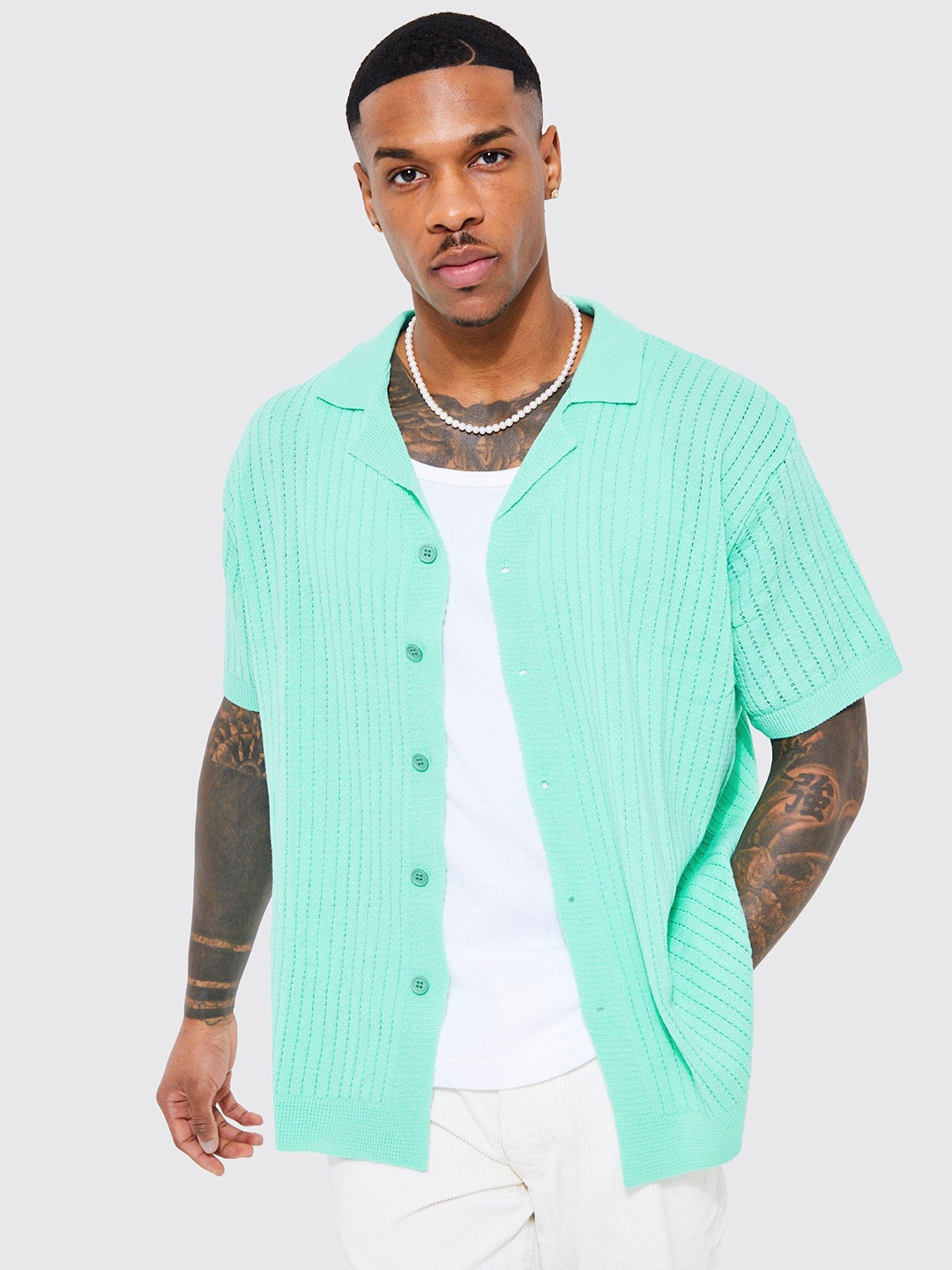 

boohooMAN Self Design Casual Shirt, Sea green