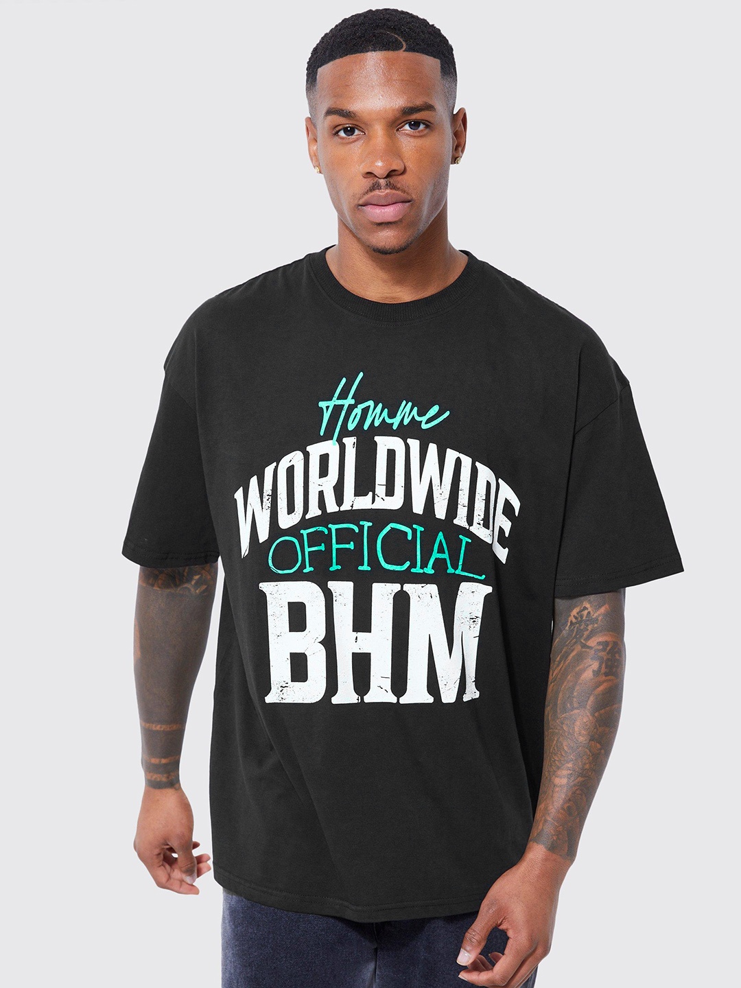 

boohooMAN Printed Drop-Shoulder Sleeves Pure Cotton Oversized T-shirt, Black