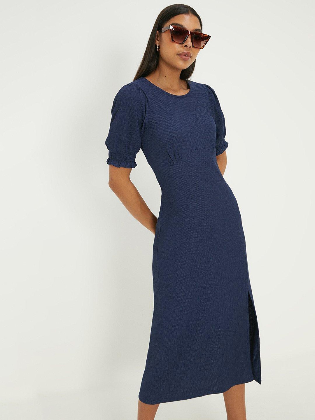 

DOROTHY PERKINS Shirred Cuff Side Split Midi A-Line Dress, Navy blue