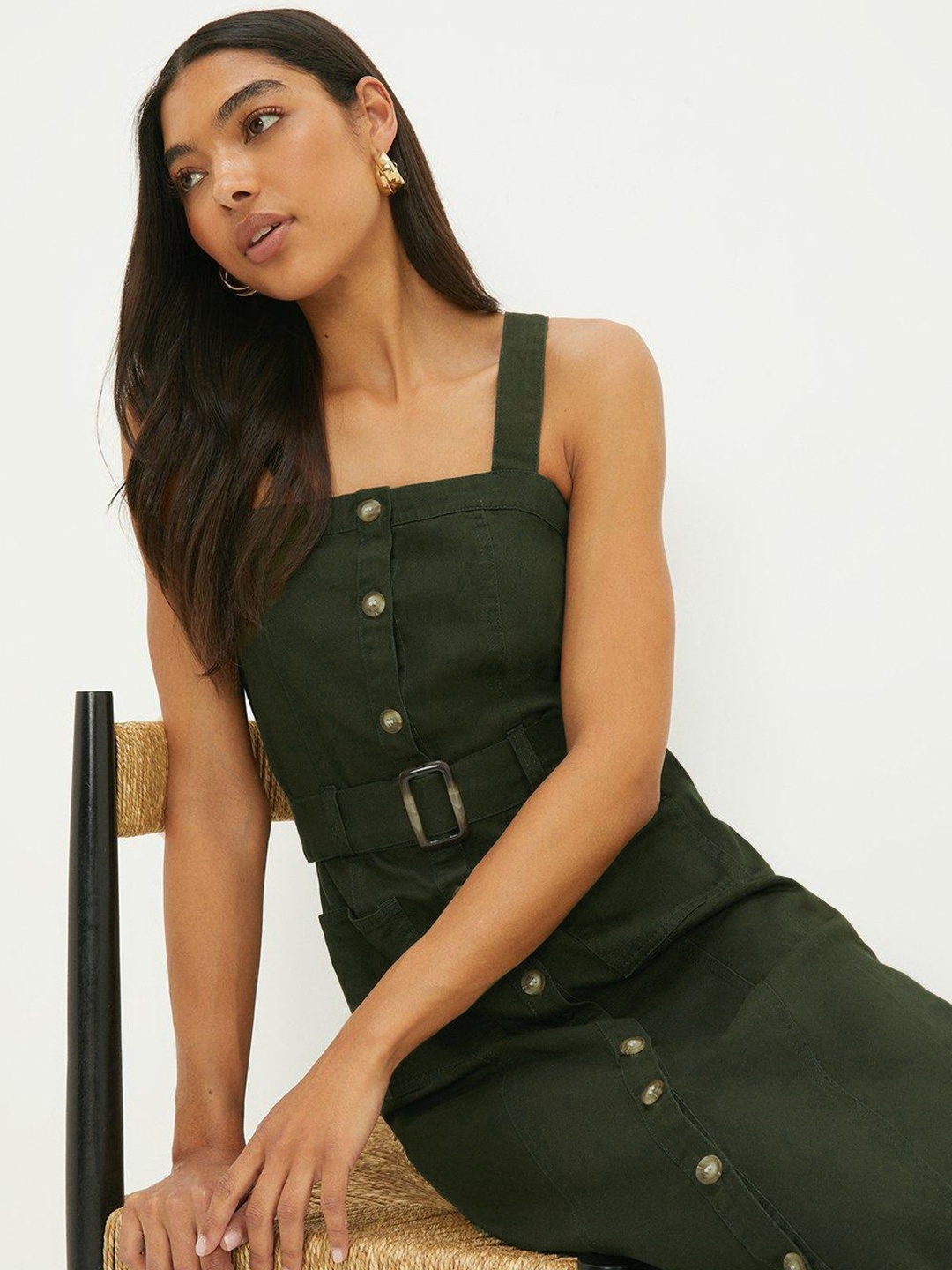 

DOROTHY PERKINS Cotton Belted Square Neck Midi A-Line Dress, Olive