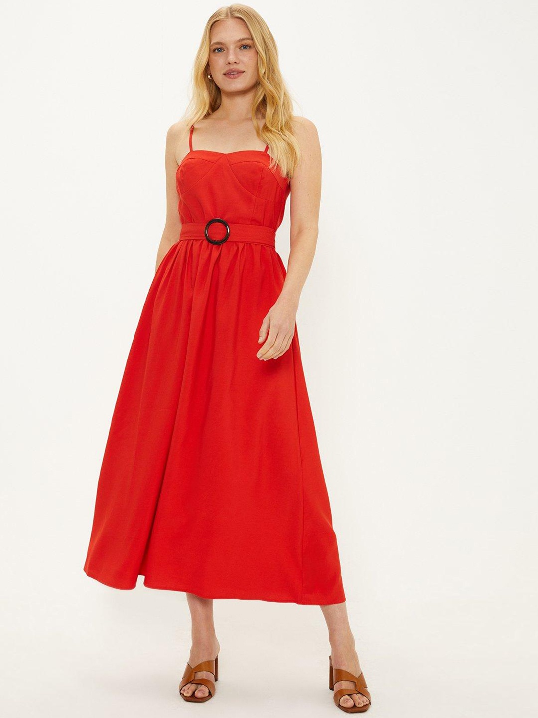 

OASIS Shoulder Straps Belted Fit & Flare Midi Dress, Red