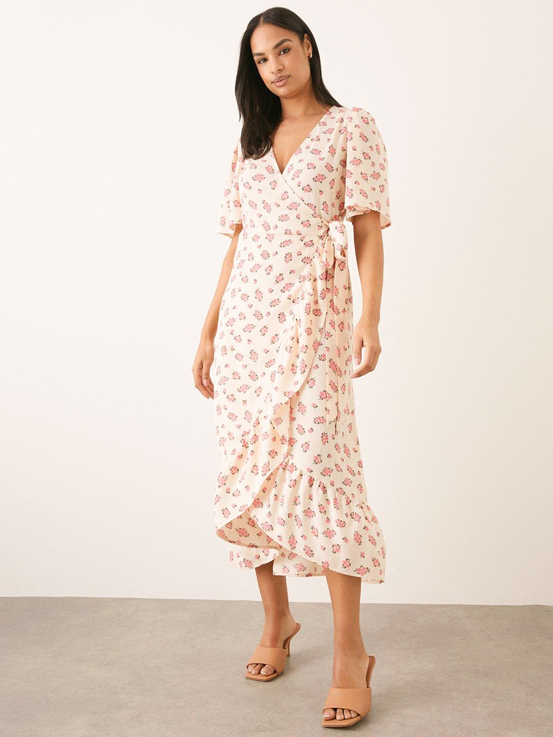 

DOROTHY PERKINS Floral Print Ruffle Angel Sleeves Wrap Midi Dress, Off white