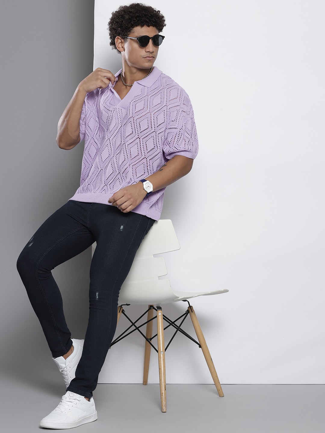 

boohooMAN Men Polo Collar Acrylic Open Knit Boxy T-shirt, Lavender
