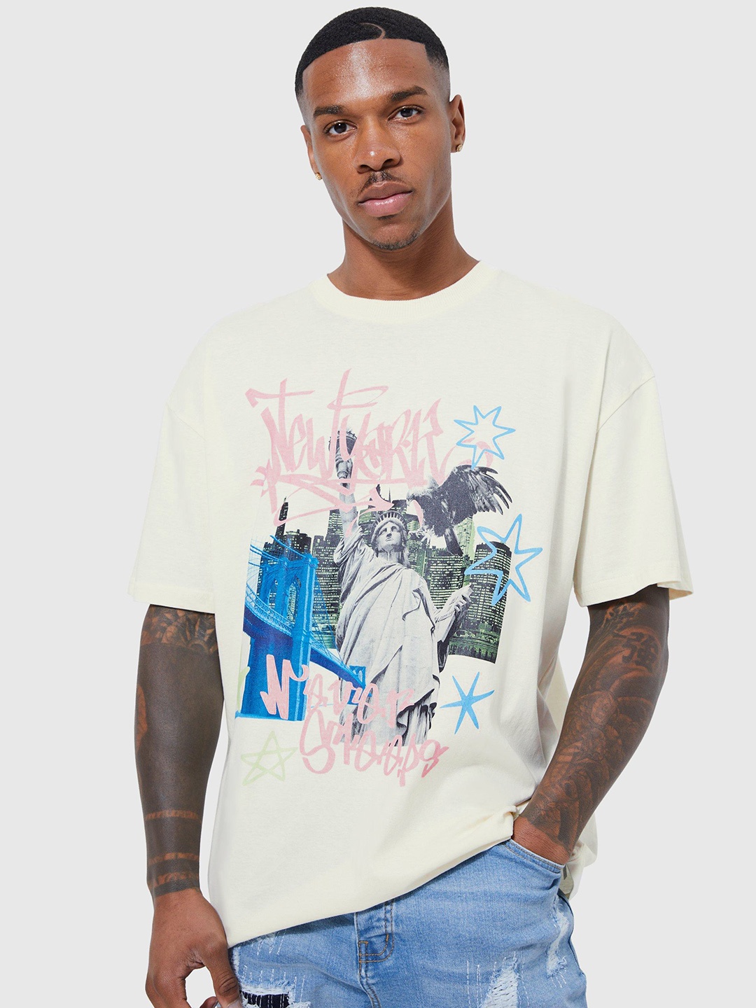 boohooMAN Graphic Printed Pure Cotton Oversized T-shirt, Cream
