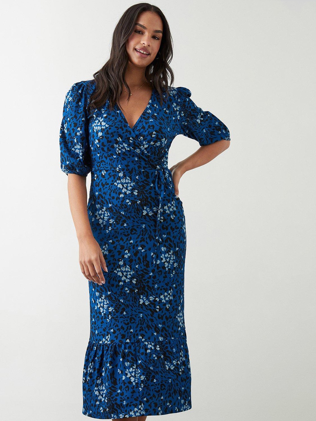 

DOROTHY PERKINS Animal Print Puff Sleeves Wrap Midi Dress, Blue