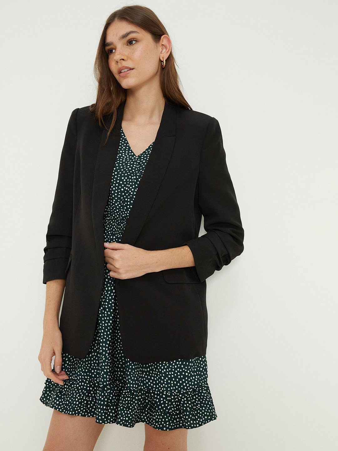 

DOROTHY PERKINS Solid Ruched Sleeves Open Front Blazer, Black