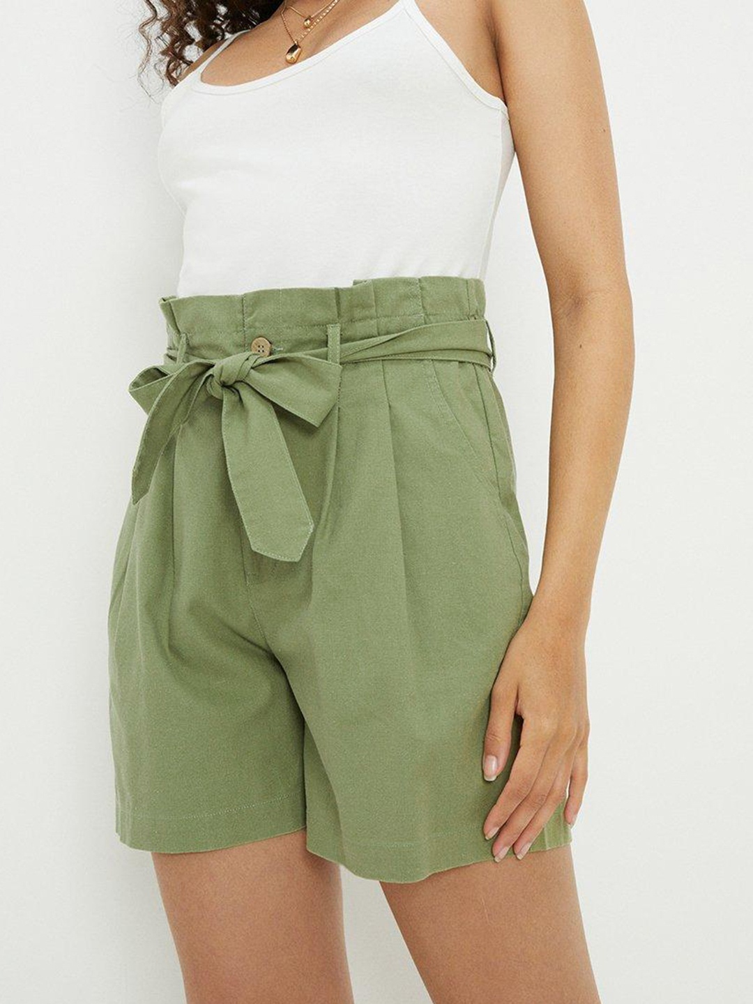 

DOROTHY PERKINS Paperbag Belted Linen Blend Shorts, Olive